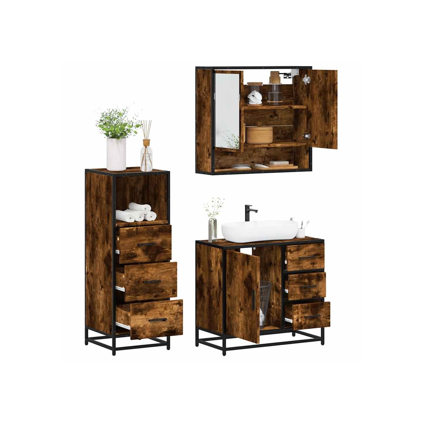 Ensemble de meubles de salle de bain 3 pcs Chêne fumé