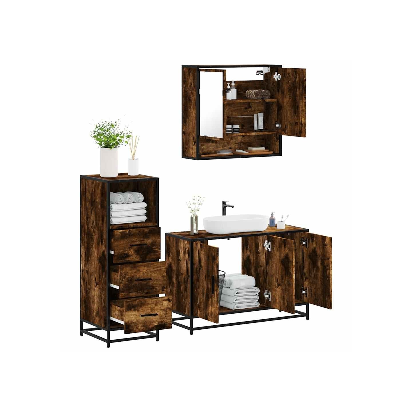 Ensemble de meubles de salle de bain 3 pcs Chêne fumé