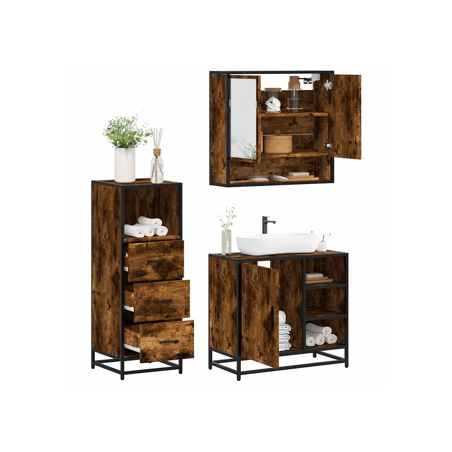 Ensemble de meubles de salle de bain 3 pcs Chêne fumé