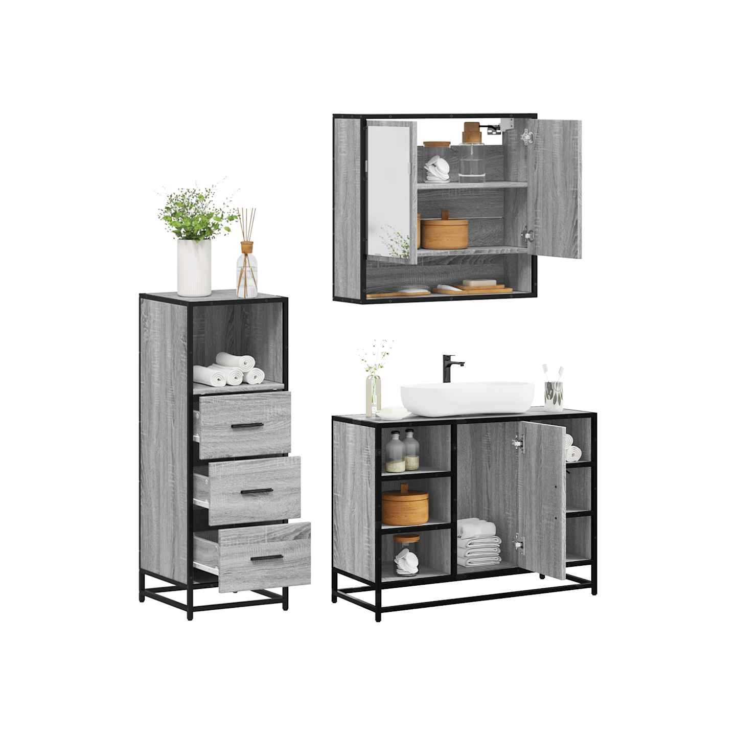 Ensemble de meubles de salle de bain 3 pcs Sonoma gris