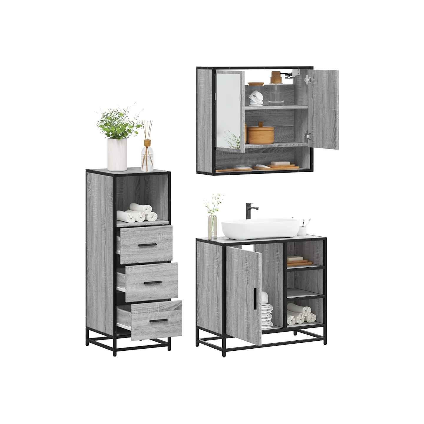 Ensemble de meubles de salle de bain 3 pcs Sonoma gris