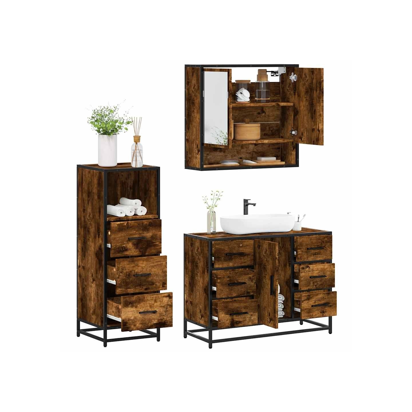 Ensemble de meubles de salle de bain 3 pcs Chêne fumé