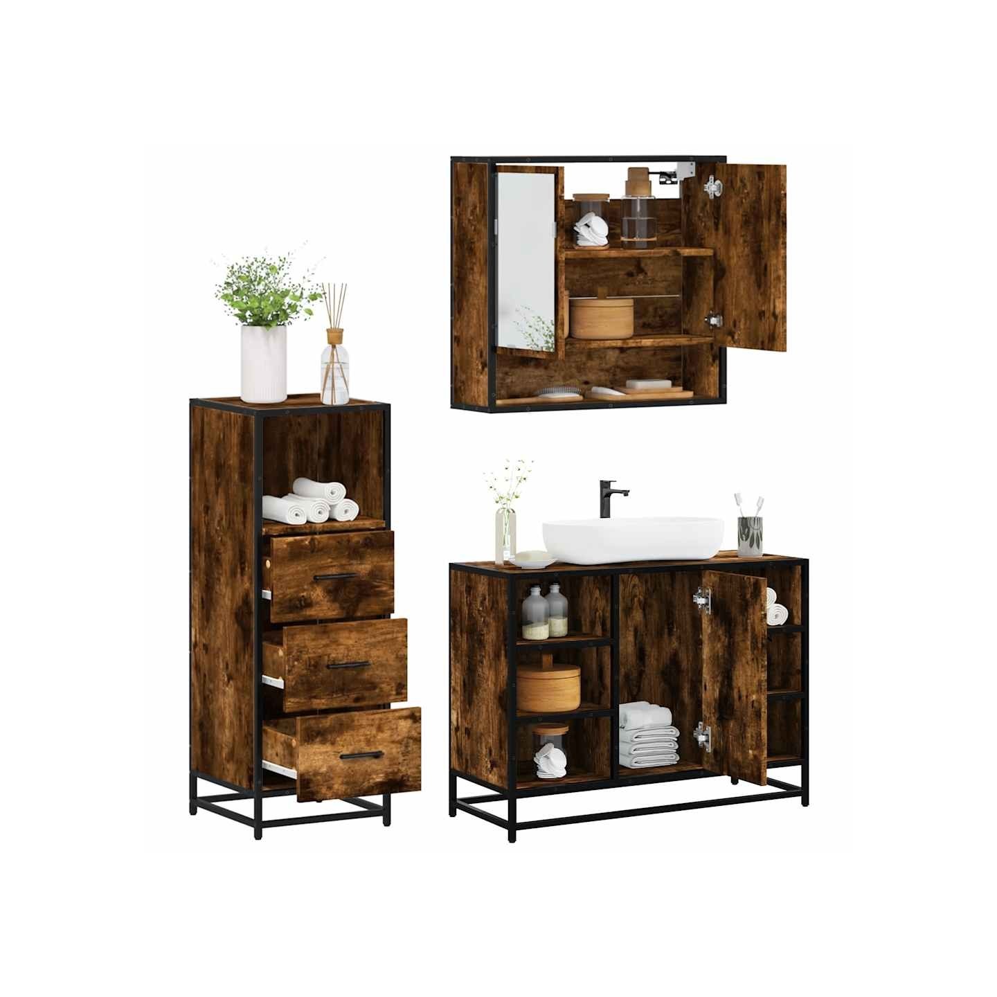 Ensemble de meubles de salle de bain 3 pcs Chêne fumé