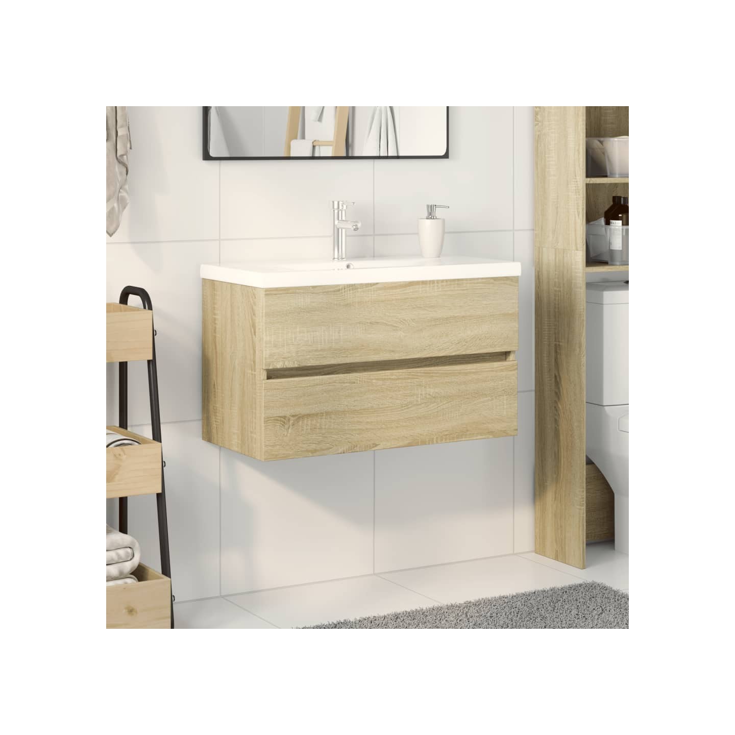 Ensemble de meubles de bain 2pcs céramique et bois d'ingénierie