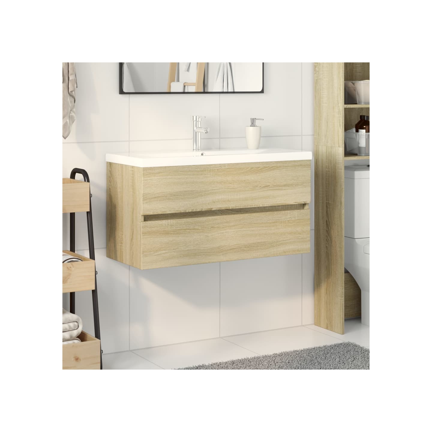 Ensemble de meubles de bain 2pcs céramique et bois d'ingénierie