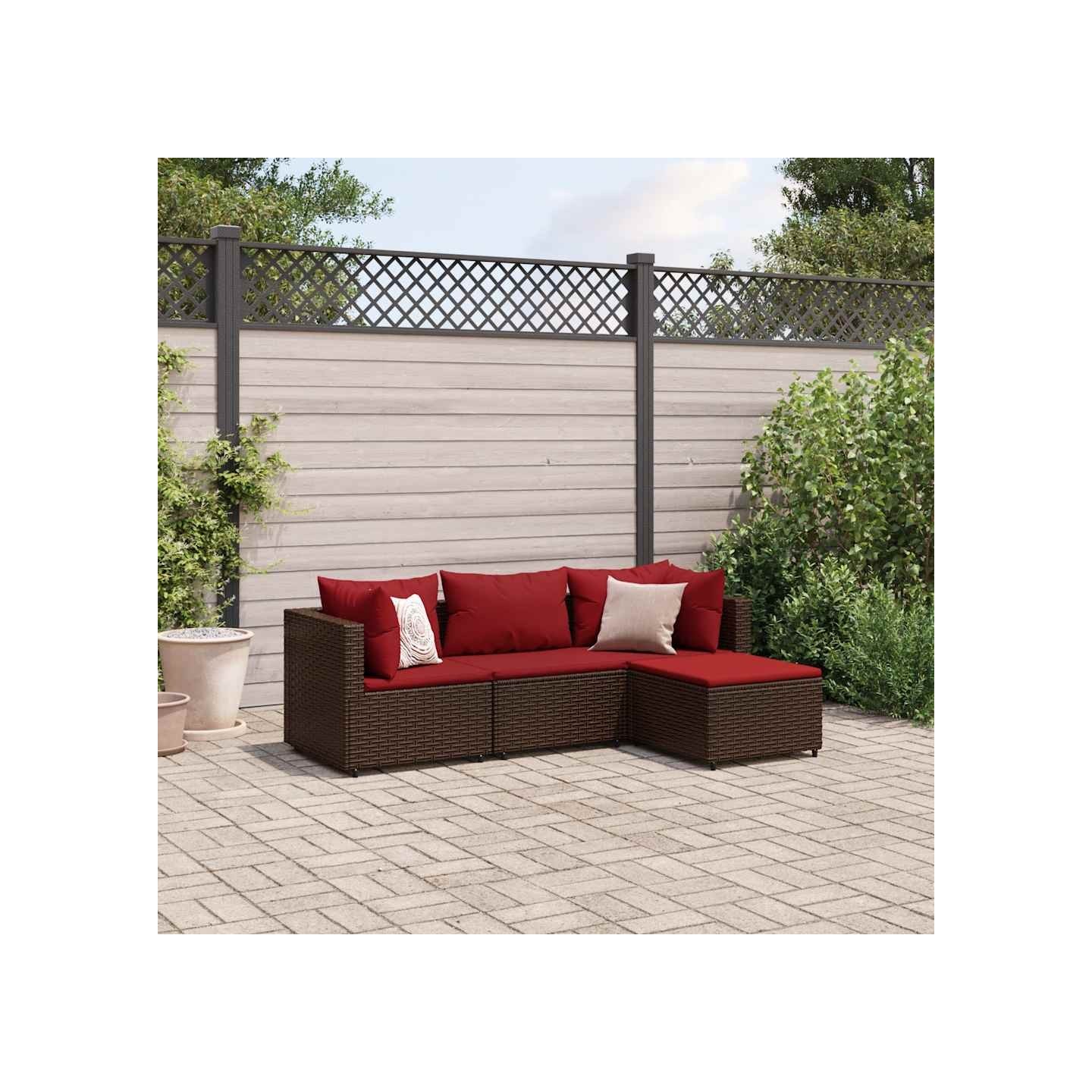 Salon de jardin 4 pcs avec coussins Marron Résine tressée