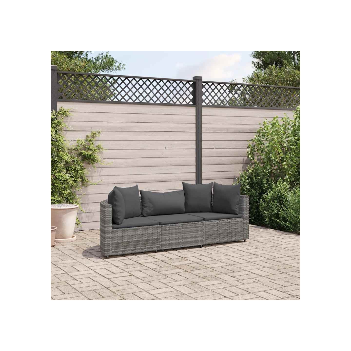 Salon de jardin avec coussins 3 pcs gris résine tressée