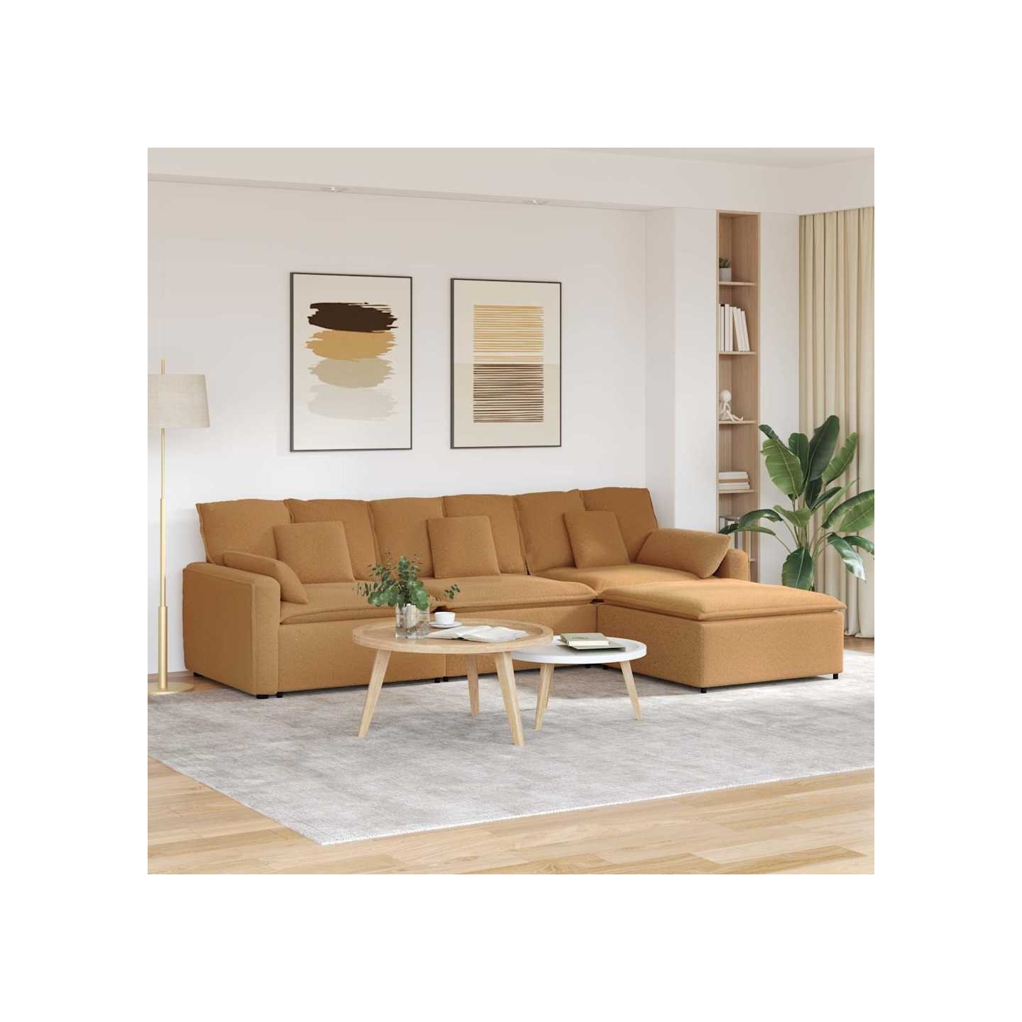 Canapé modulable avec repose-pieds et coussins beige