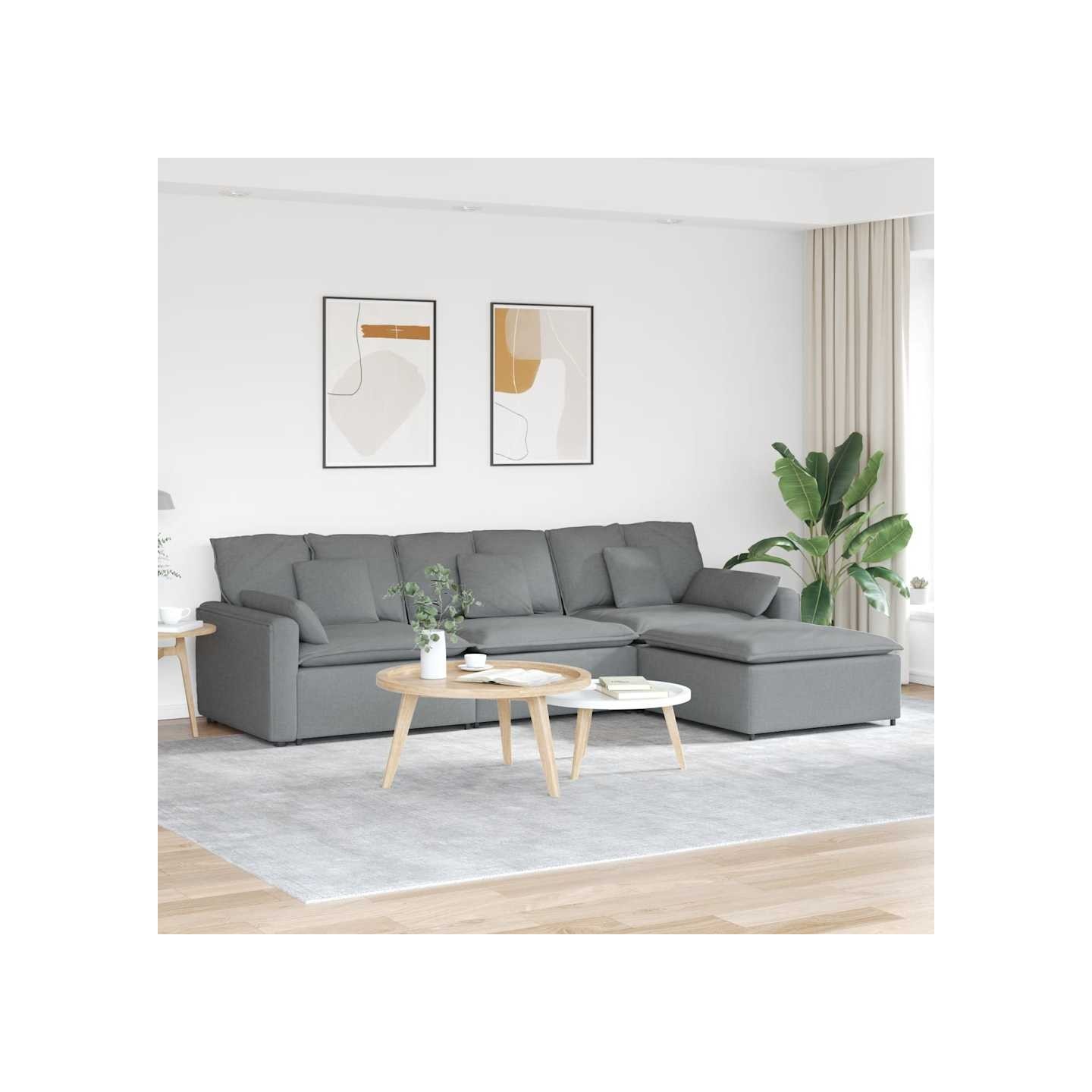 Canapé modulable avec repose-pieds et coussins gris clair