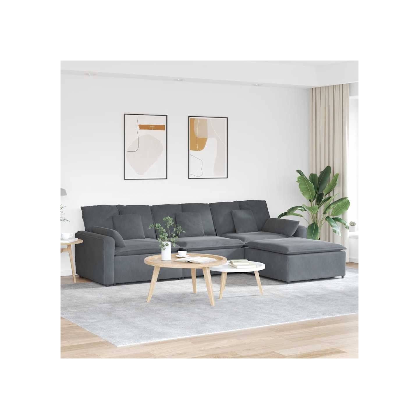Canapé modulaire avec repose-pieds et coussins gris foncé