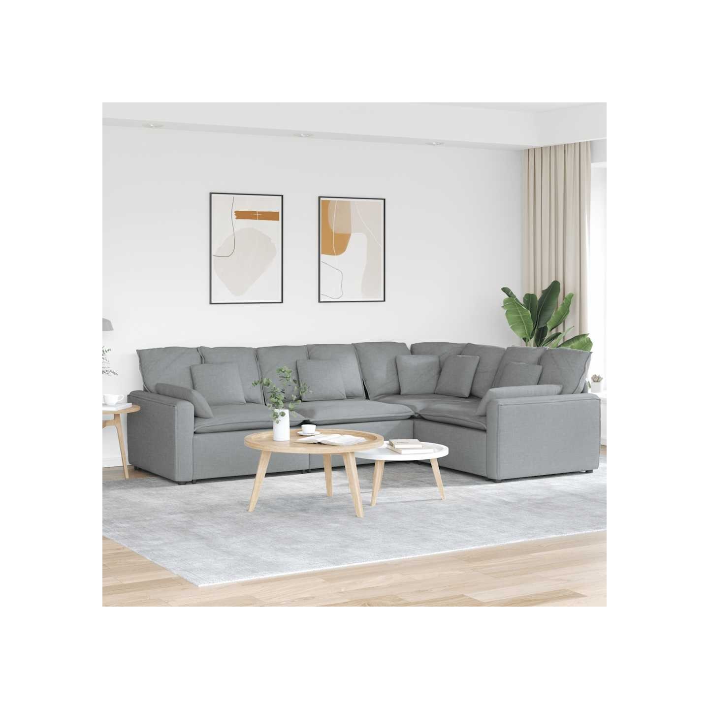 Canapé modulable avec coussins en tissu gris clair