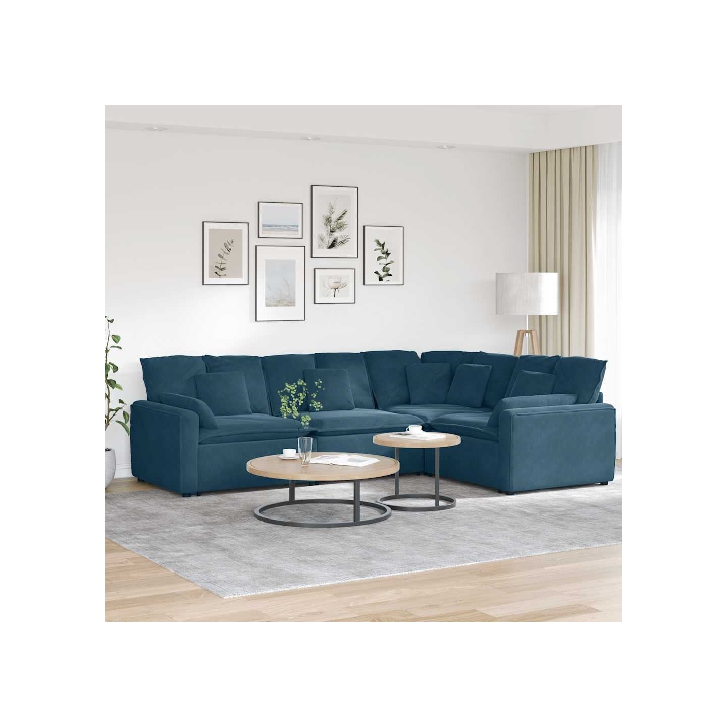 Canapé modulable avec coussins velours bleu