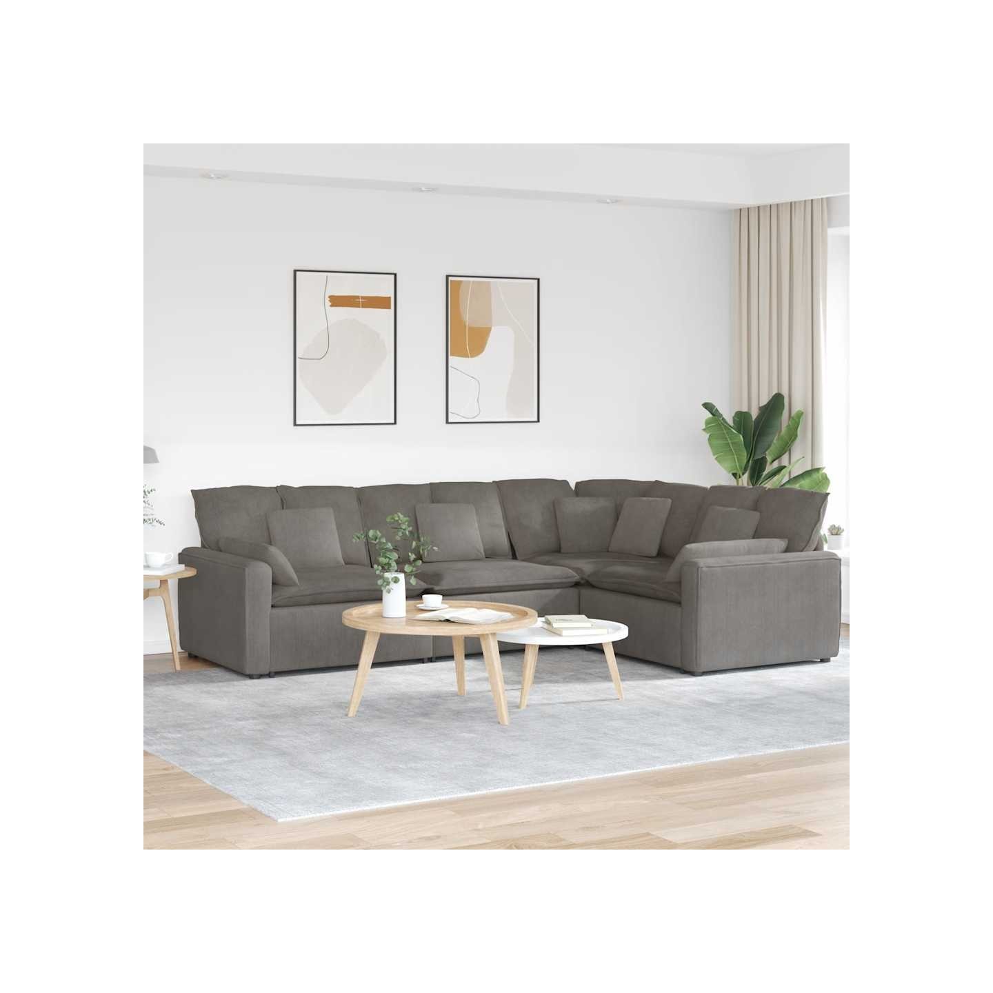 Canapé modulable avec coussins en tissu velours côtelé gris clair