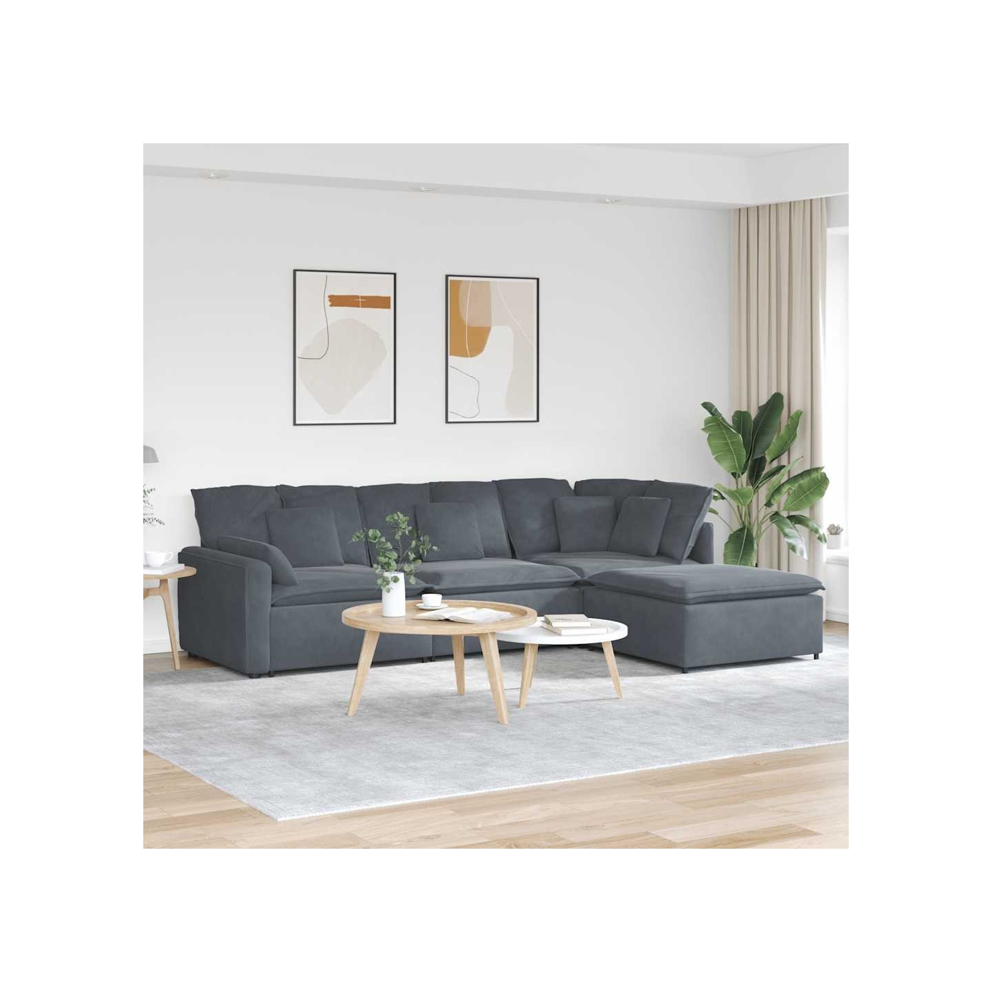 Canapé modulaire et repose-pieds et coussins velours gris foncé