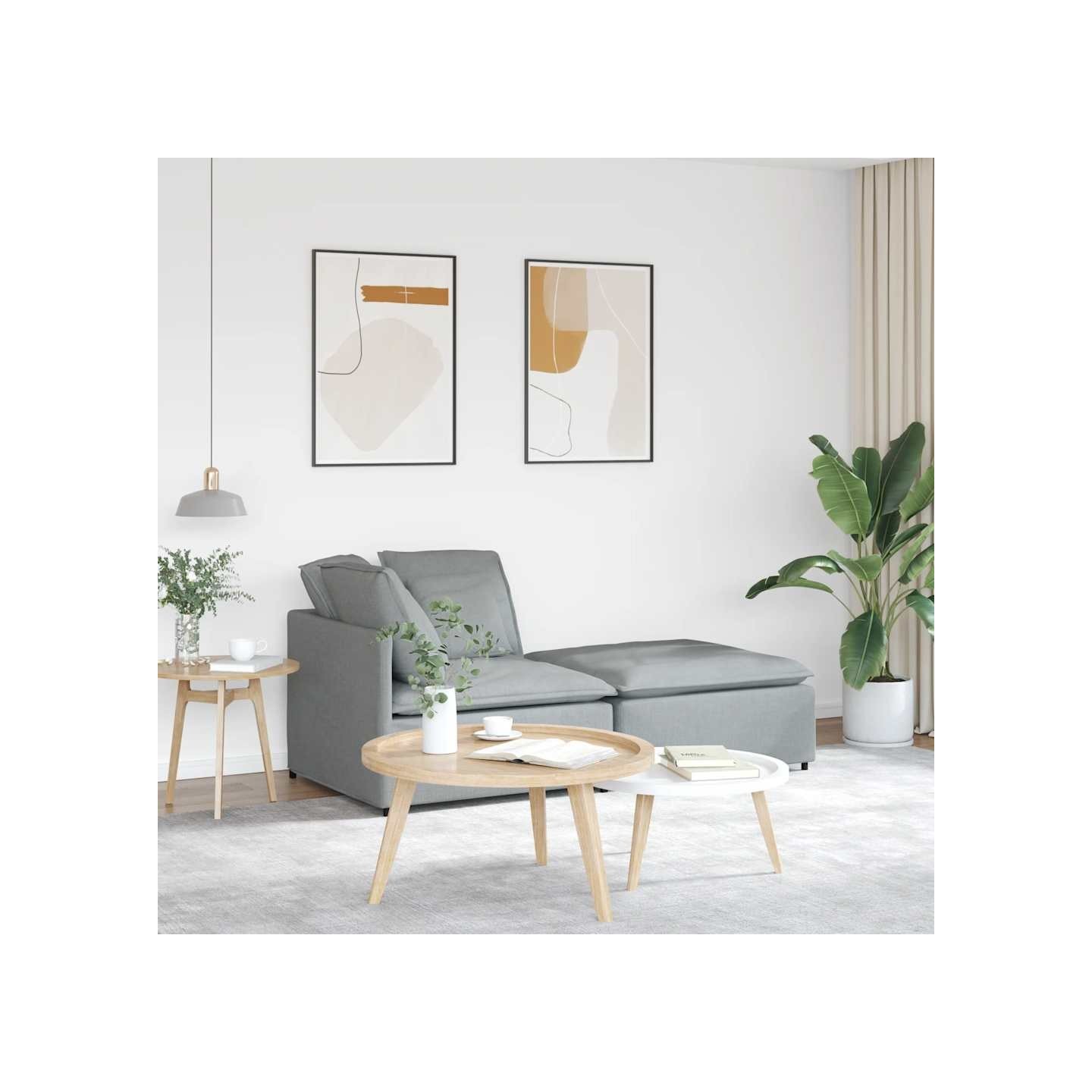 Canapé modulable avec repose-pieds et coussins en tissu gris clair