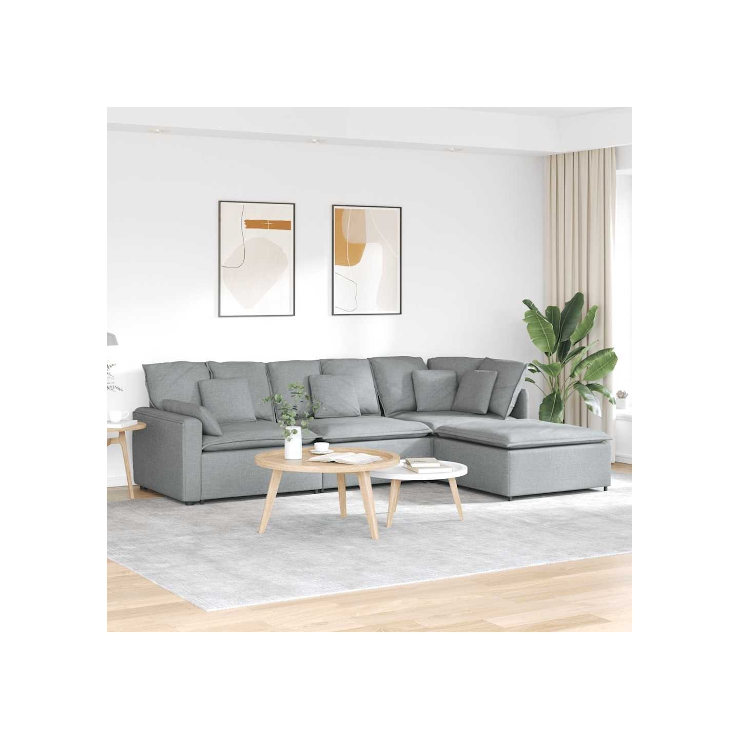 Canapé modulable avec repose-pieds et coussins en tissu gris clair