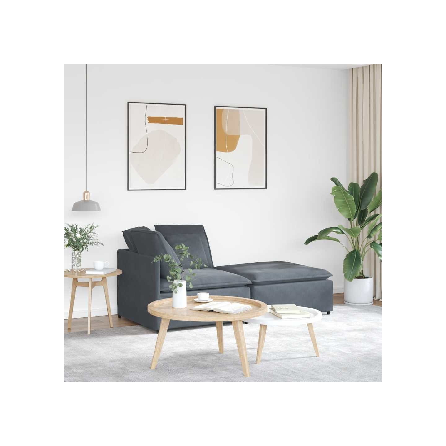 Canapé modulaire et repose-pieds et coussins velours gris foncé