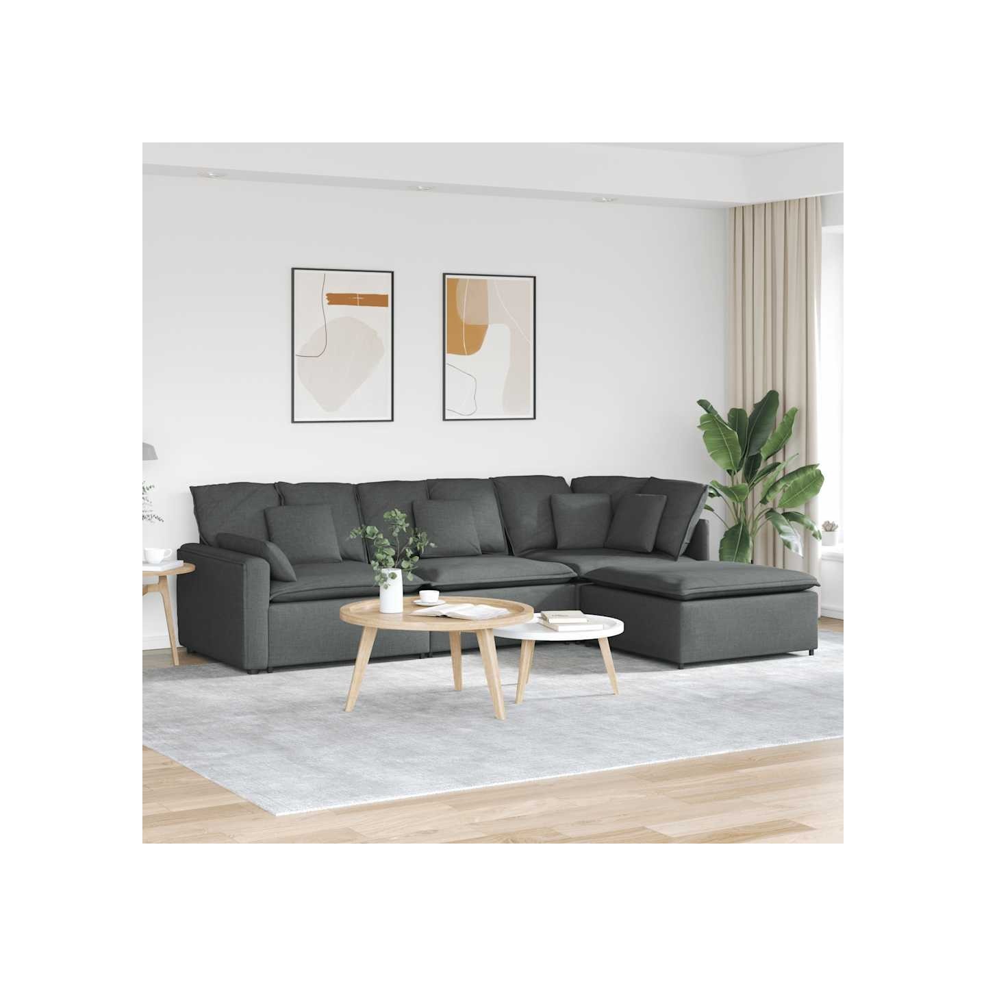 Canapé modulable avec repose-pieds et coussins en tissu gris foncé
