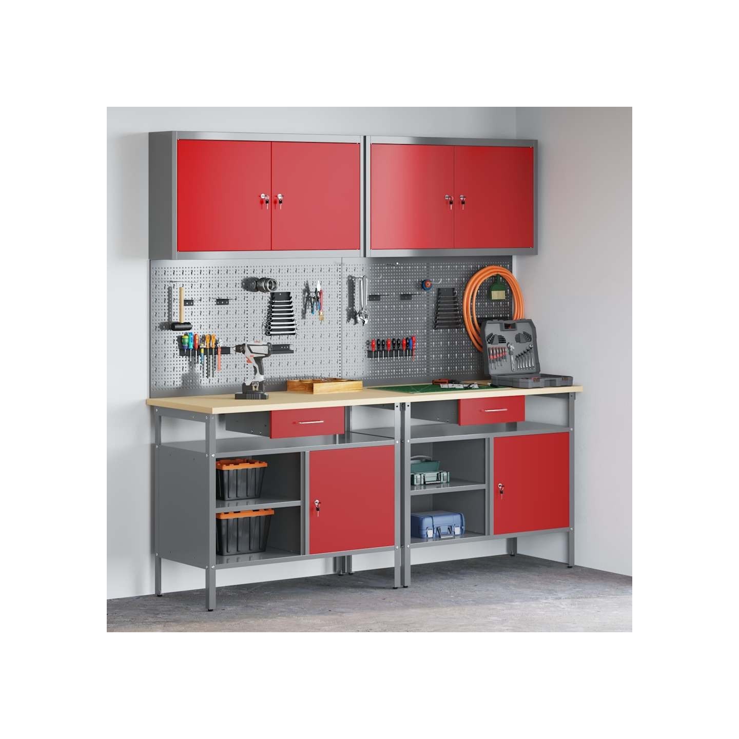 Ensemble d'établi 8 pc Rouge et Gris Acier enduit de poudre