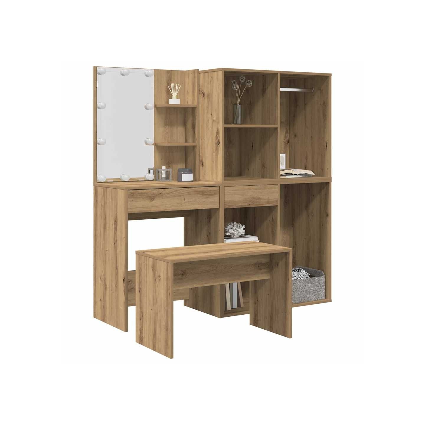 Ensemble de coiffeuse avec LED chêne artisanal bois ingénierie