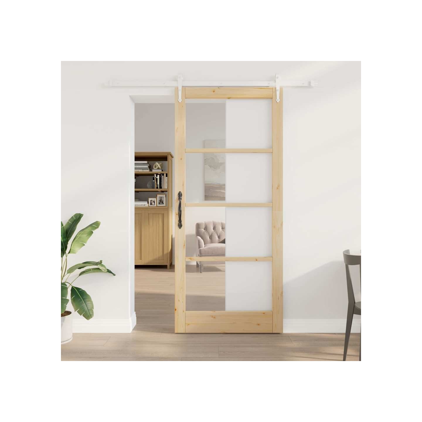 Porte coulissante 93 x 211 cm Solid Pine Wood and Glass Naturel