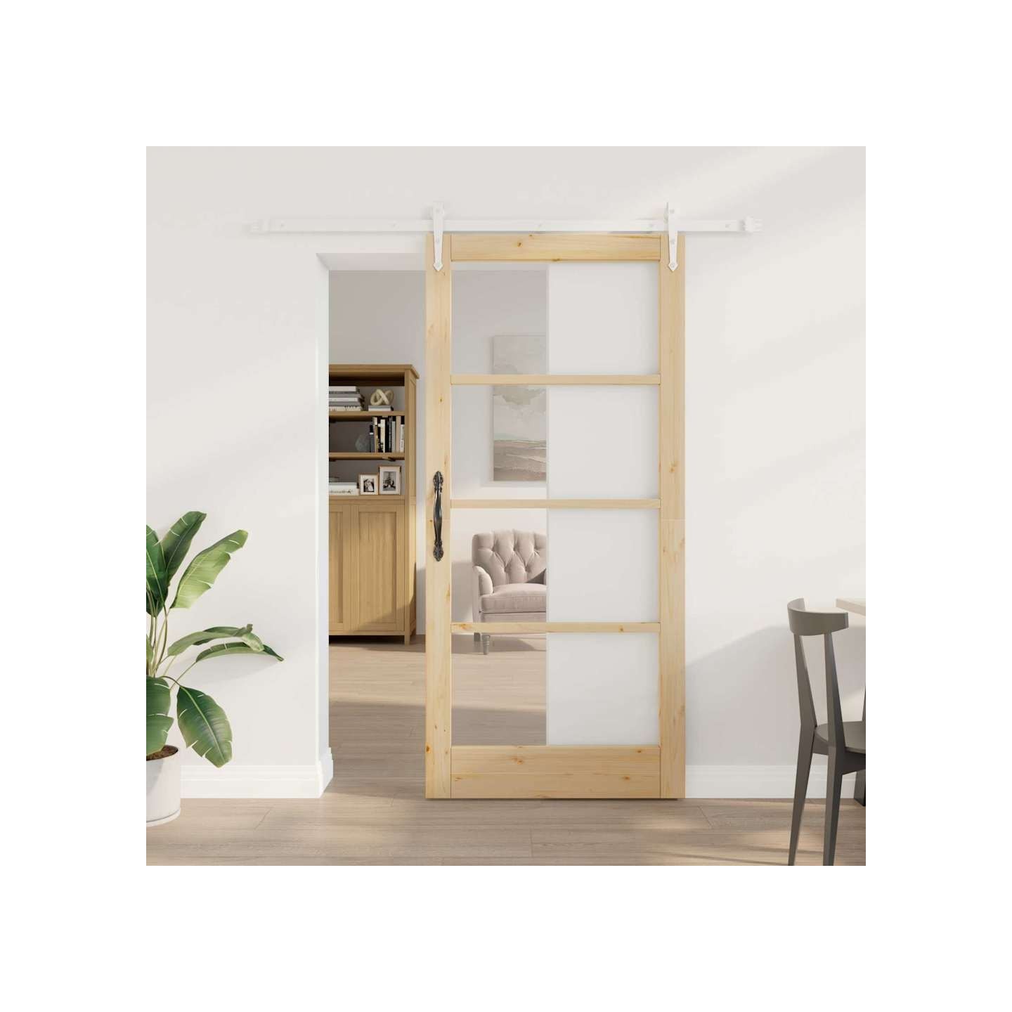 Porte coulissante 93 x 202 cm Solid Pine Wood and Glass Naturel