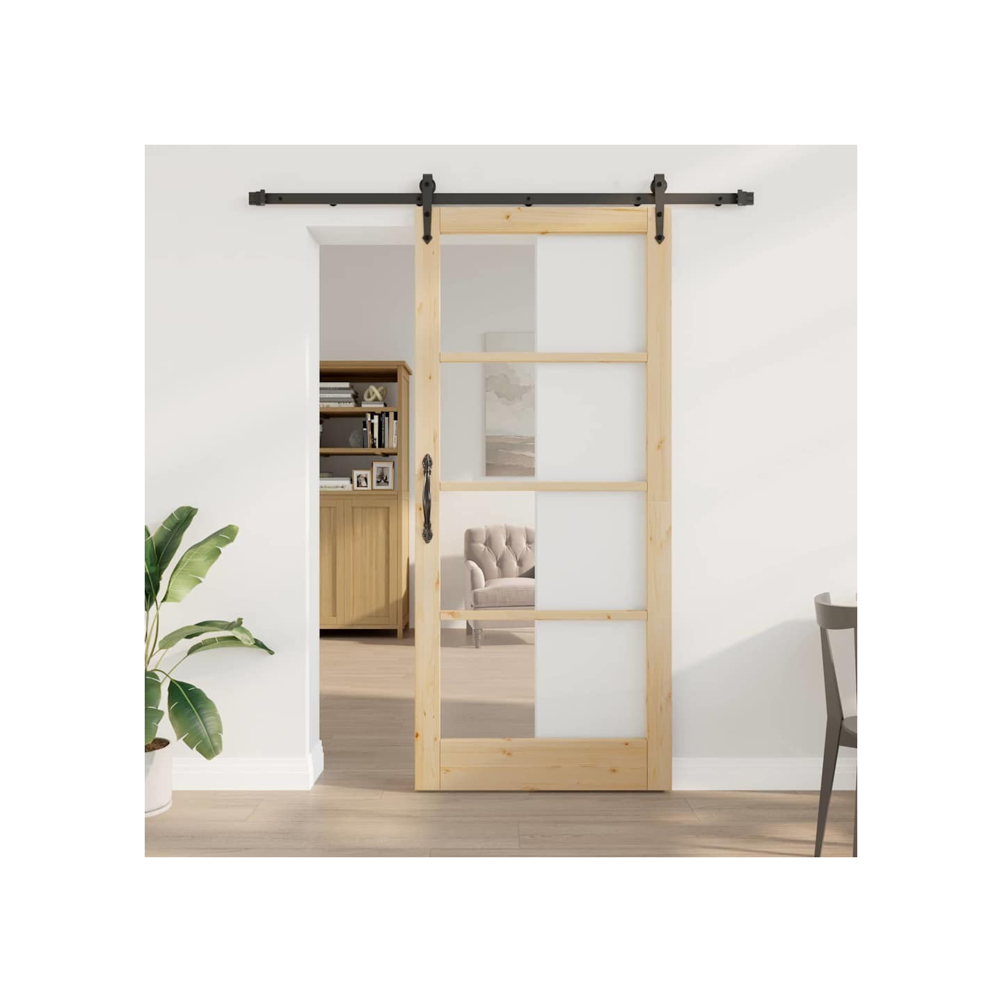 Porte coulissante 93 x 211 cm Solid Pine Wood and Glass Naturel