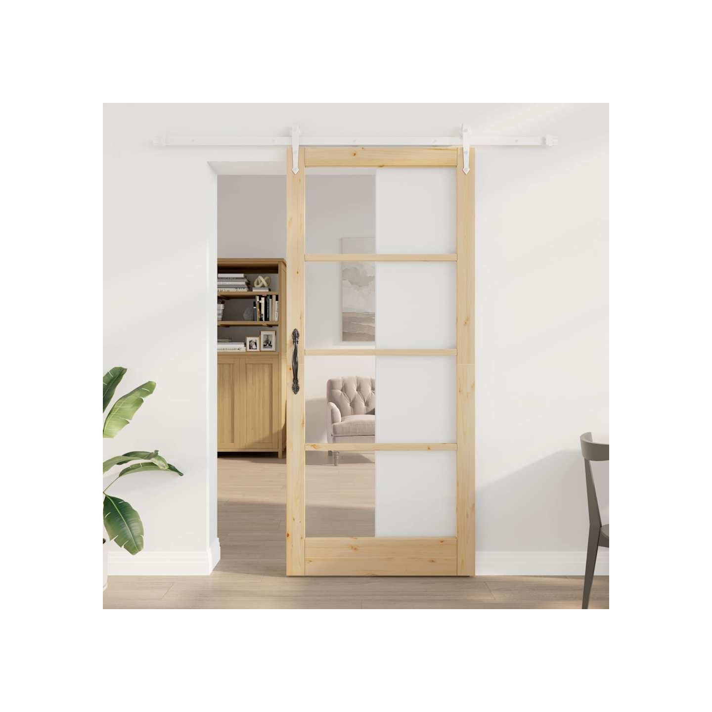 Porte coulissante 93 x 211 cm Solid Pine Wood and Glass Naturel