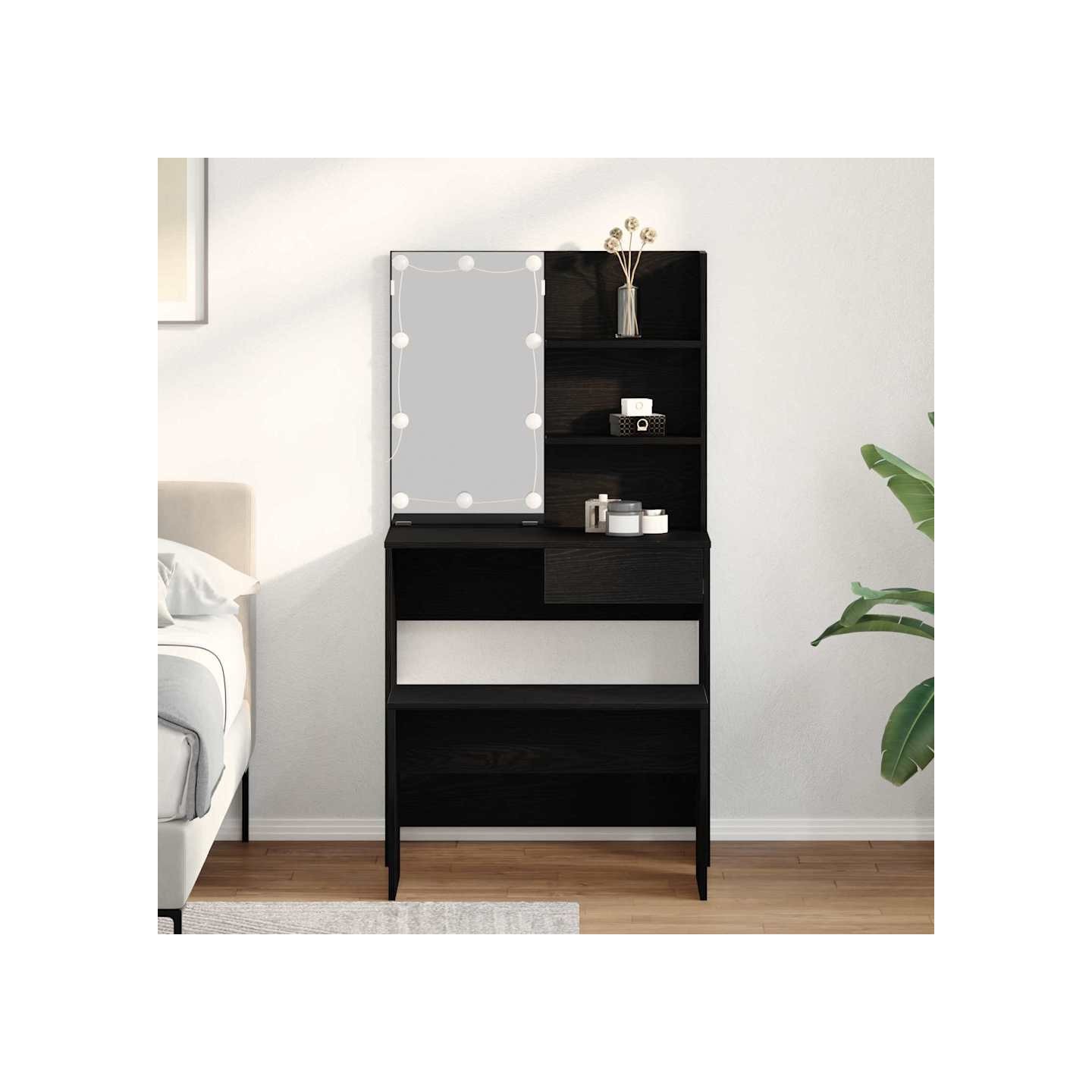 Ensemble de table de maquillage LED 2 pc Chêne noir
