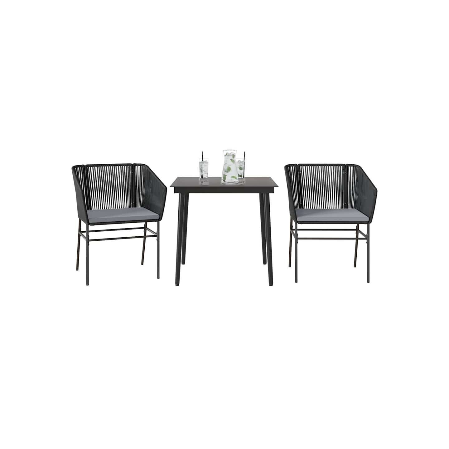 Ensemble à manger de jardin et coussins 3 pcs noir rotin verre