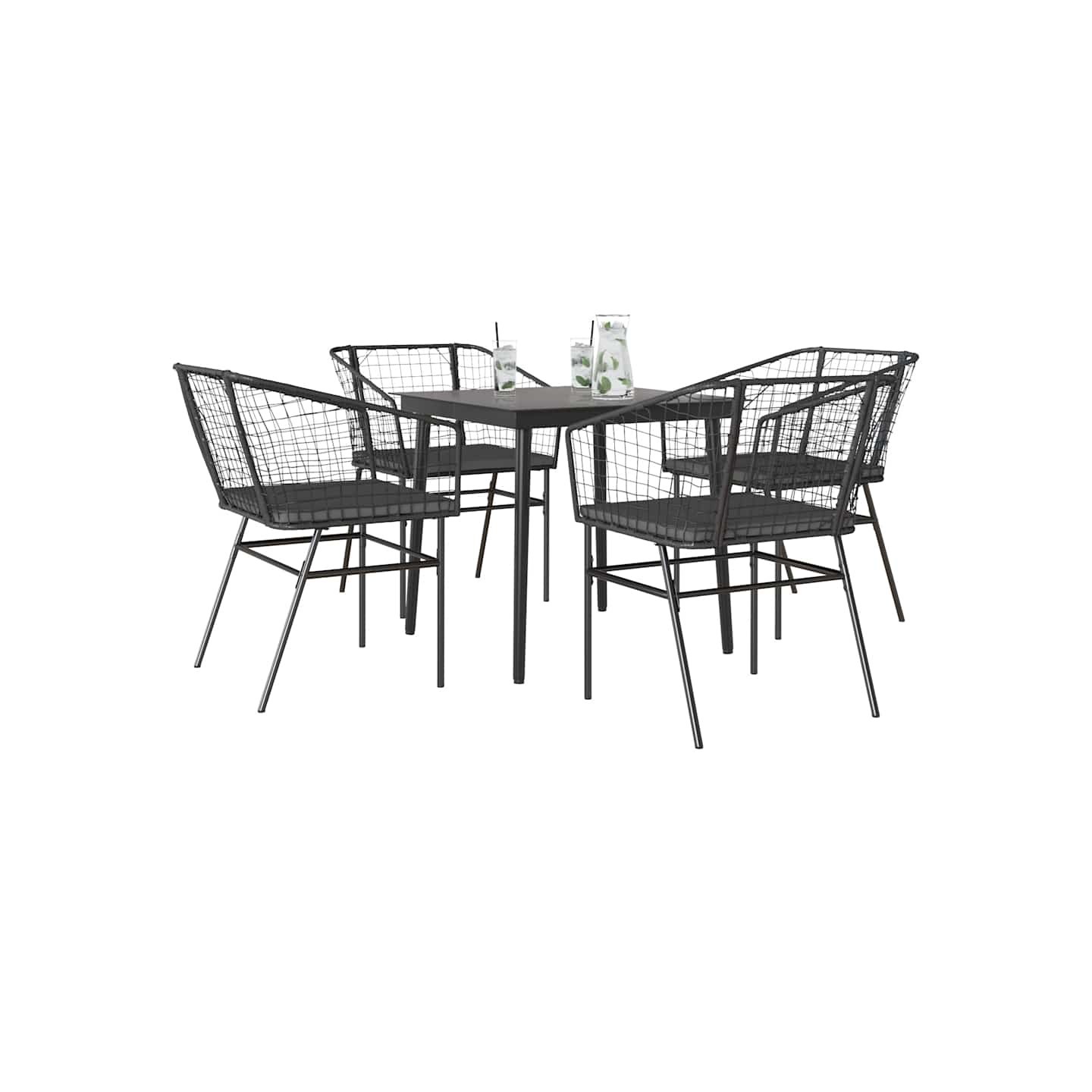 Ensemble à manger de jardin et coussins 5 pcs noir rotin verre