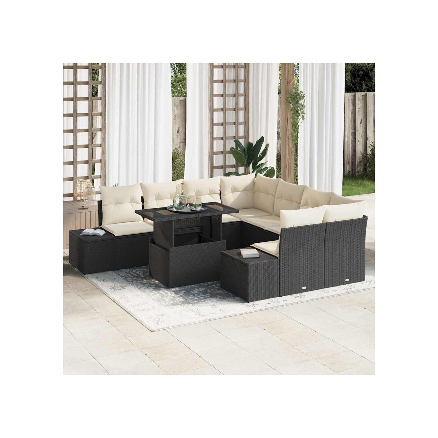 Ensemble de canapé de jardin 9 pc Noir et Crème polyrotin