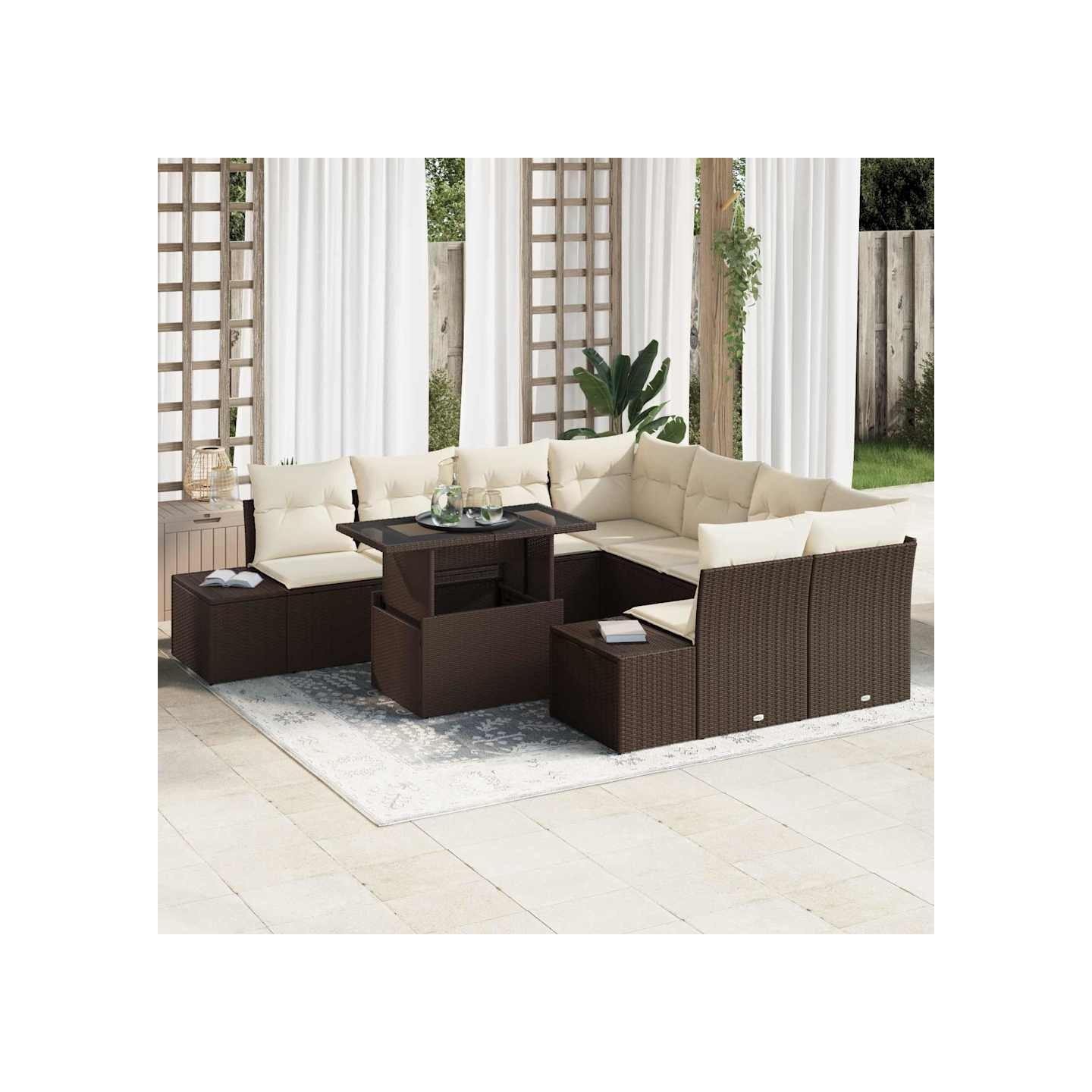 Ensemble de canapé de jardin 9 pc Marron et Crème polyrotin