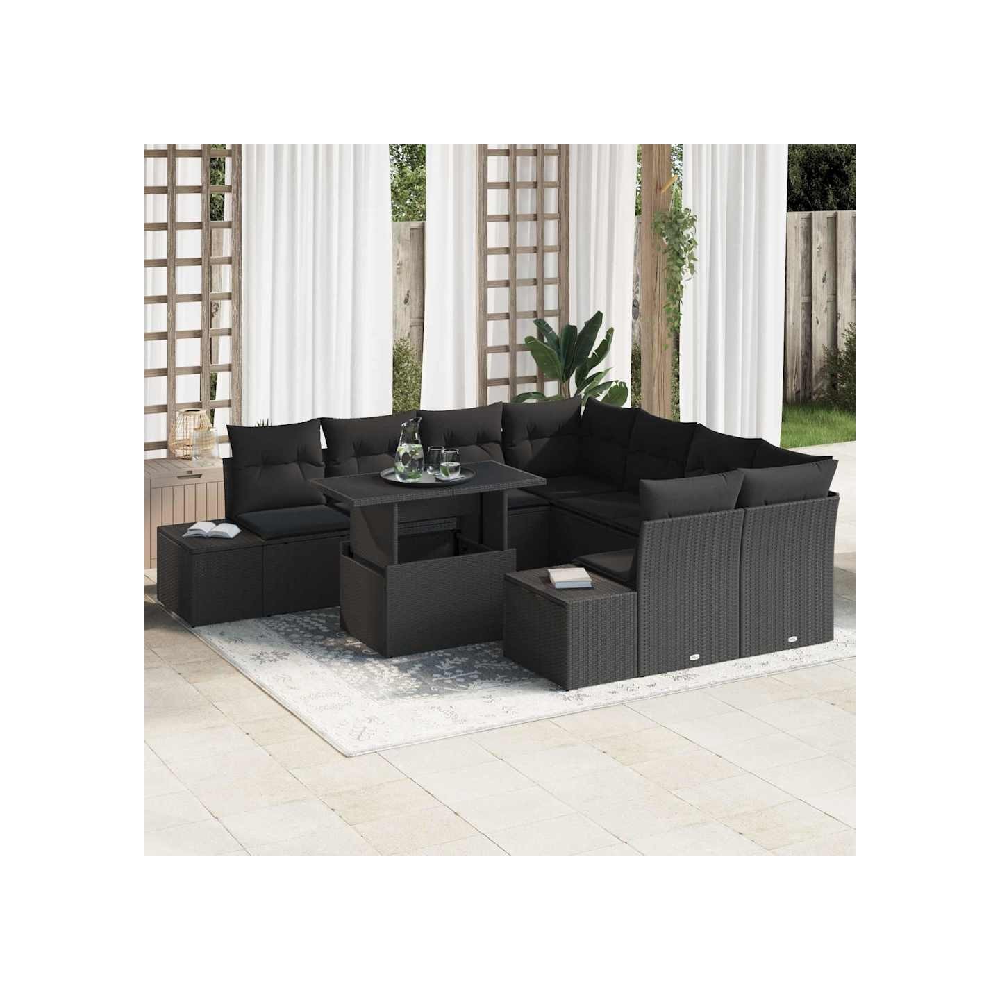 Ensemble de canapé de jardin 9 pc Noir polyrotin