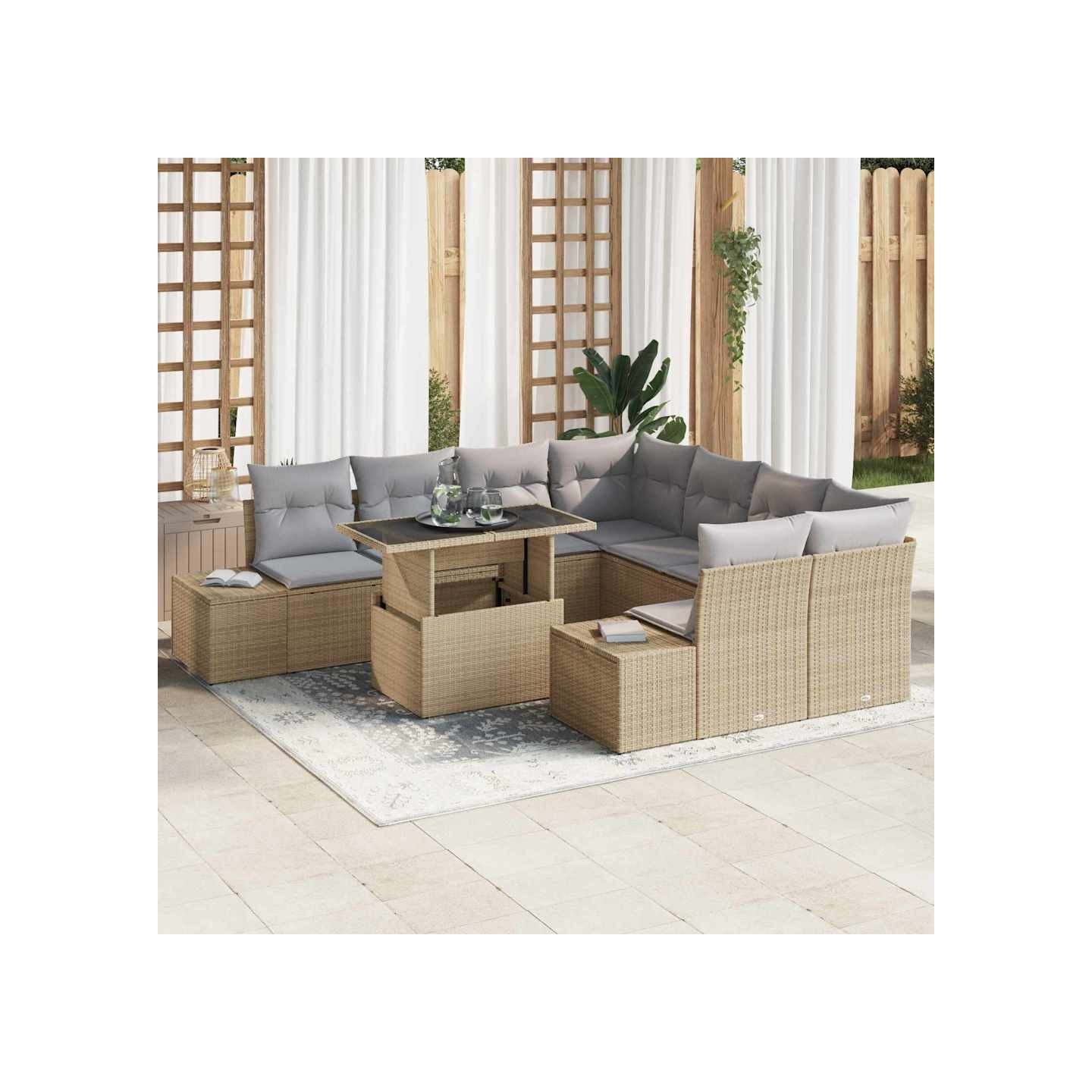 Ensemble de canapé de jardin 9 pc Beige et Gris clair polyrotin