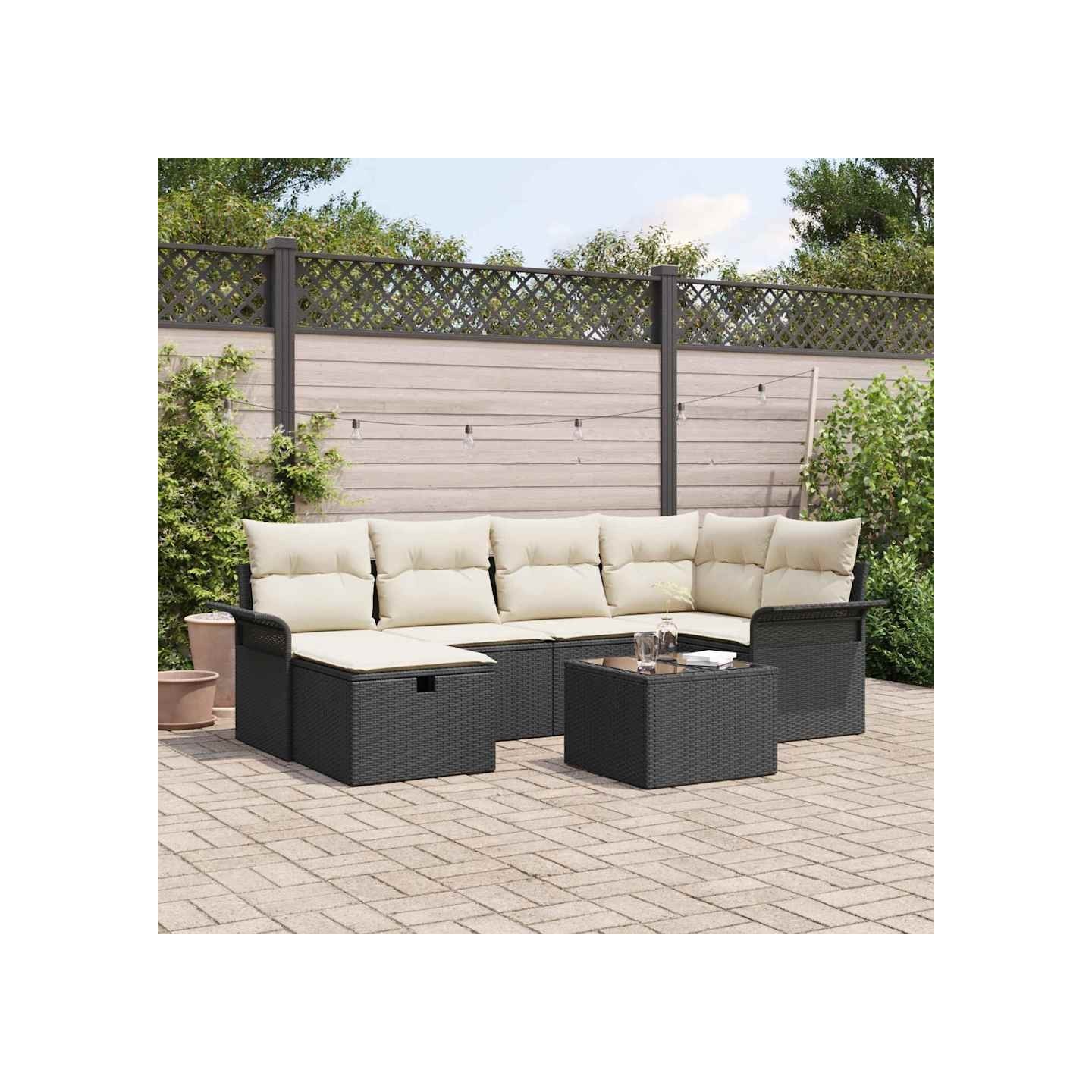 Ensemble de canapé de jardin 7 pc Noir et Crème polyrotin