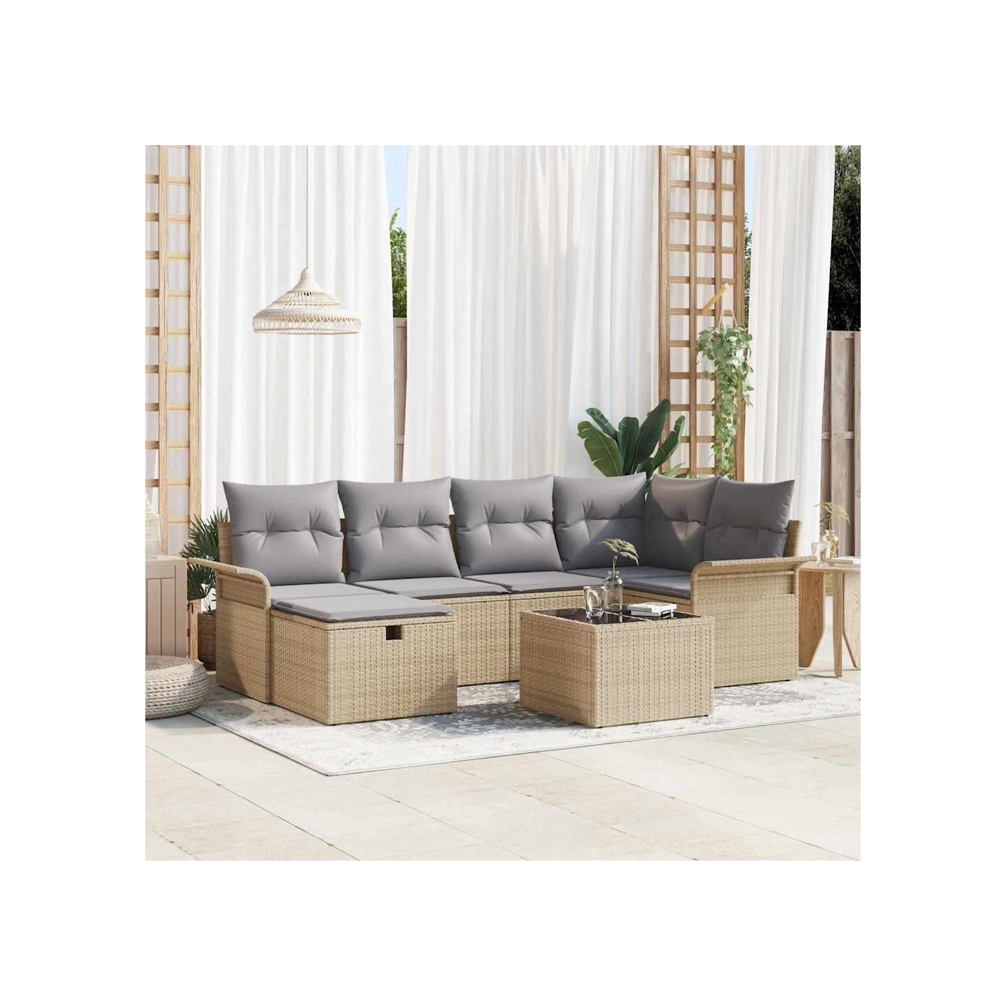 Ensemble de canapé de jardin 7 pc Beige et Gris clair polyrotin