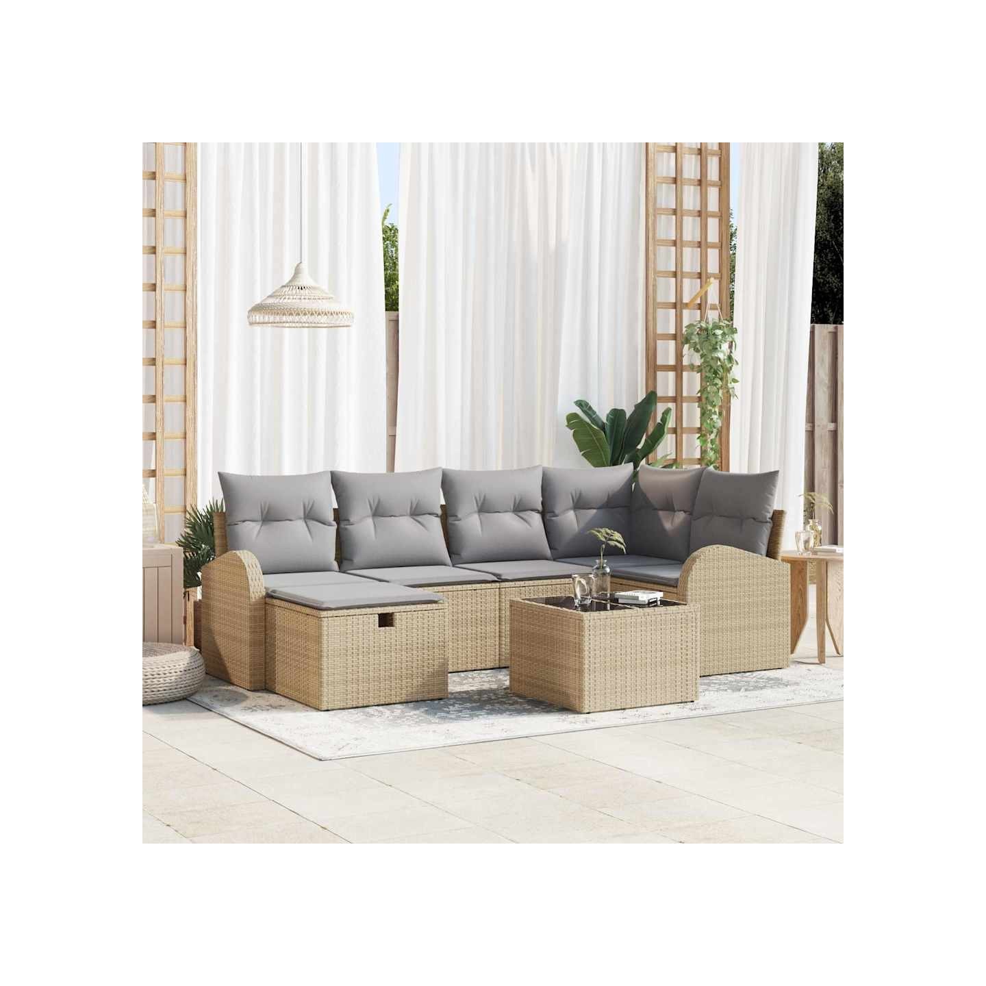 Ensemble de Canapés 7 pc Beige et Gris clair polyrotin