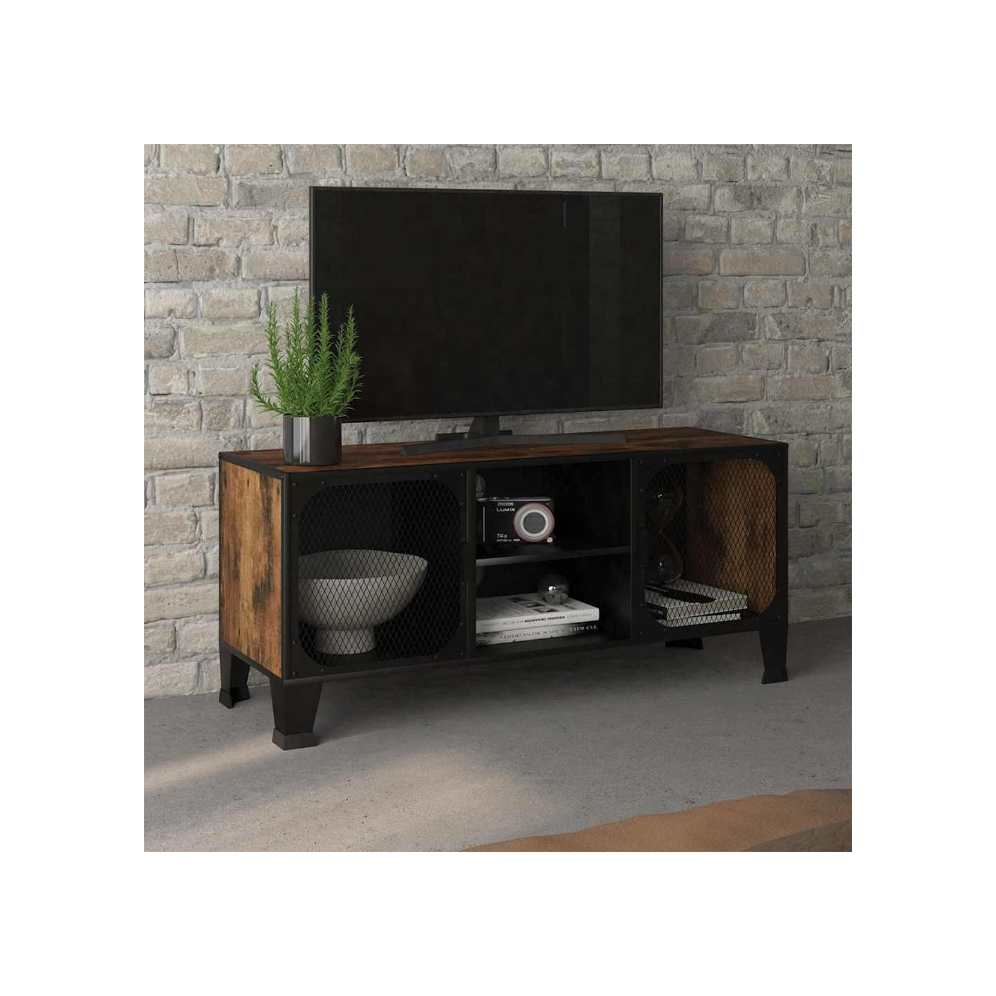 Meuble TV Marron rustique 105x36x47 cm Métal et MDF