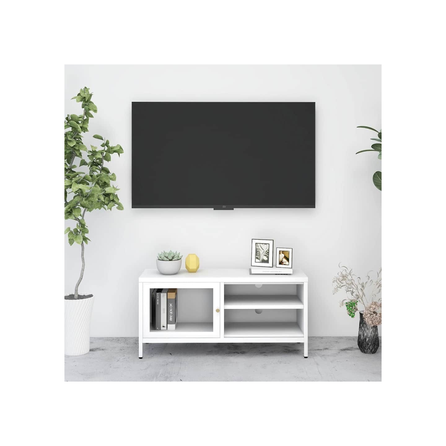 Meuble TV Blanc 90x30x44 cm Acier et verre