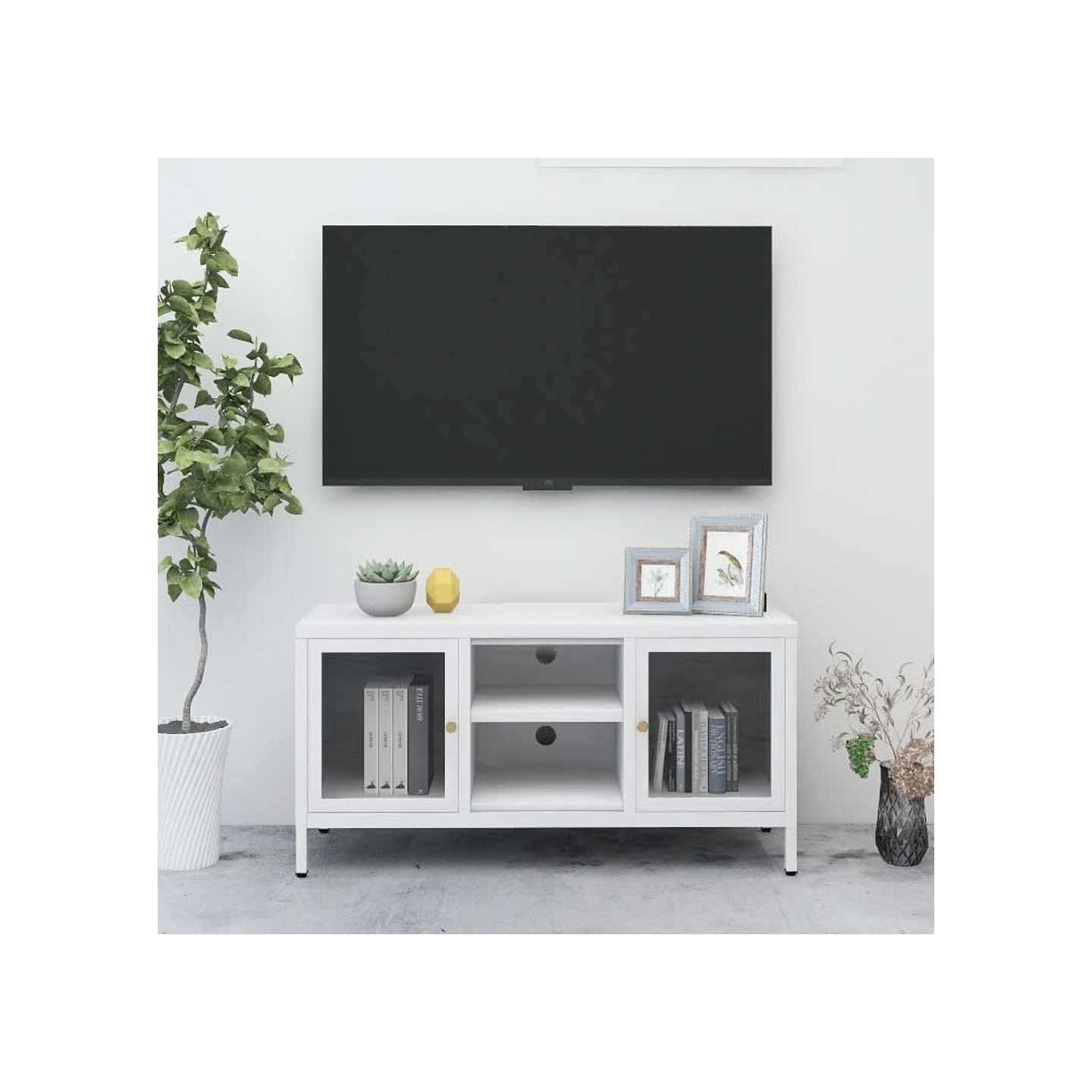 Meuble TV Blanc 105x35x52 cm Acier et verre