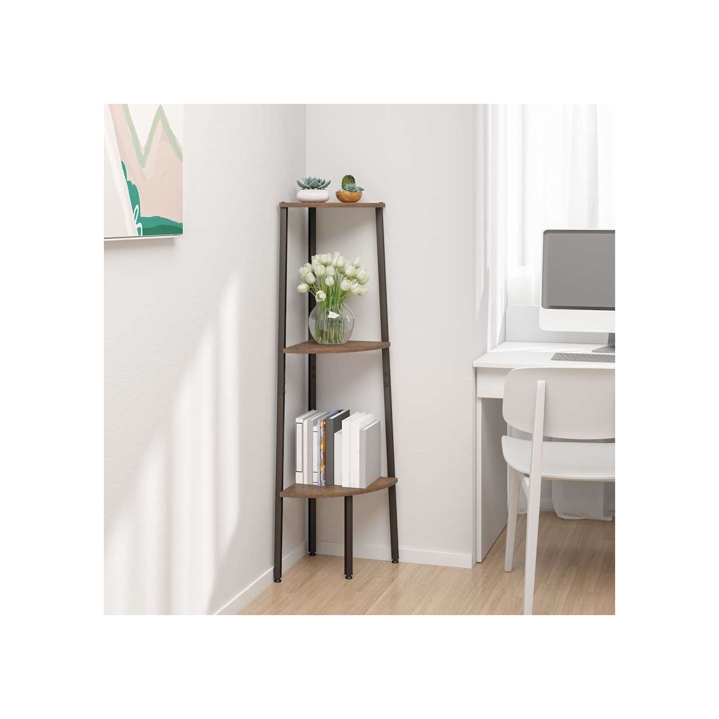 Étagère d'angle 3 niveaux Marron foncé et noir 45,5x31,5x120 cm