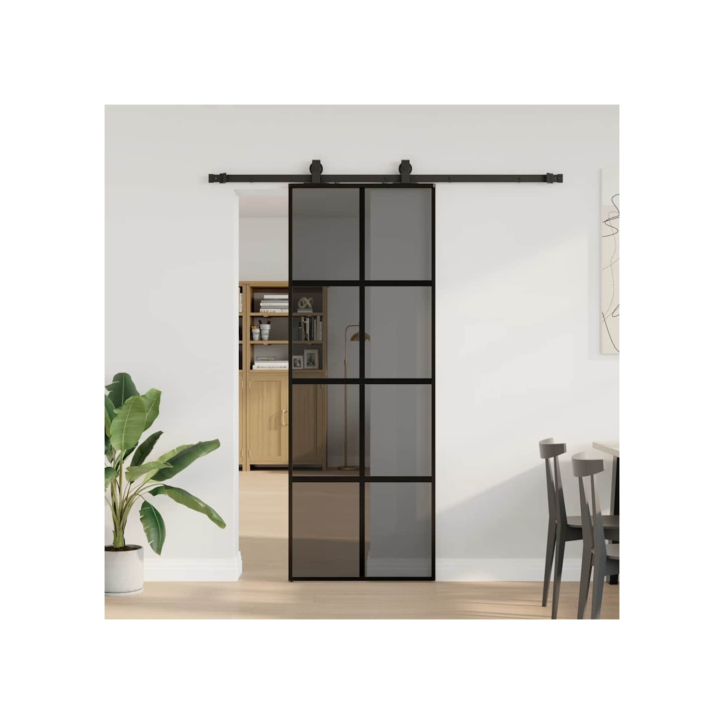 Porte coulissante kit quincaillerie noir 76x205 cm verre trempé