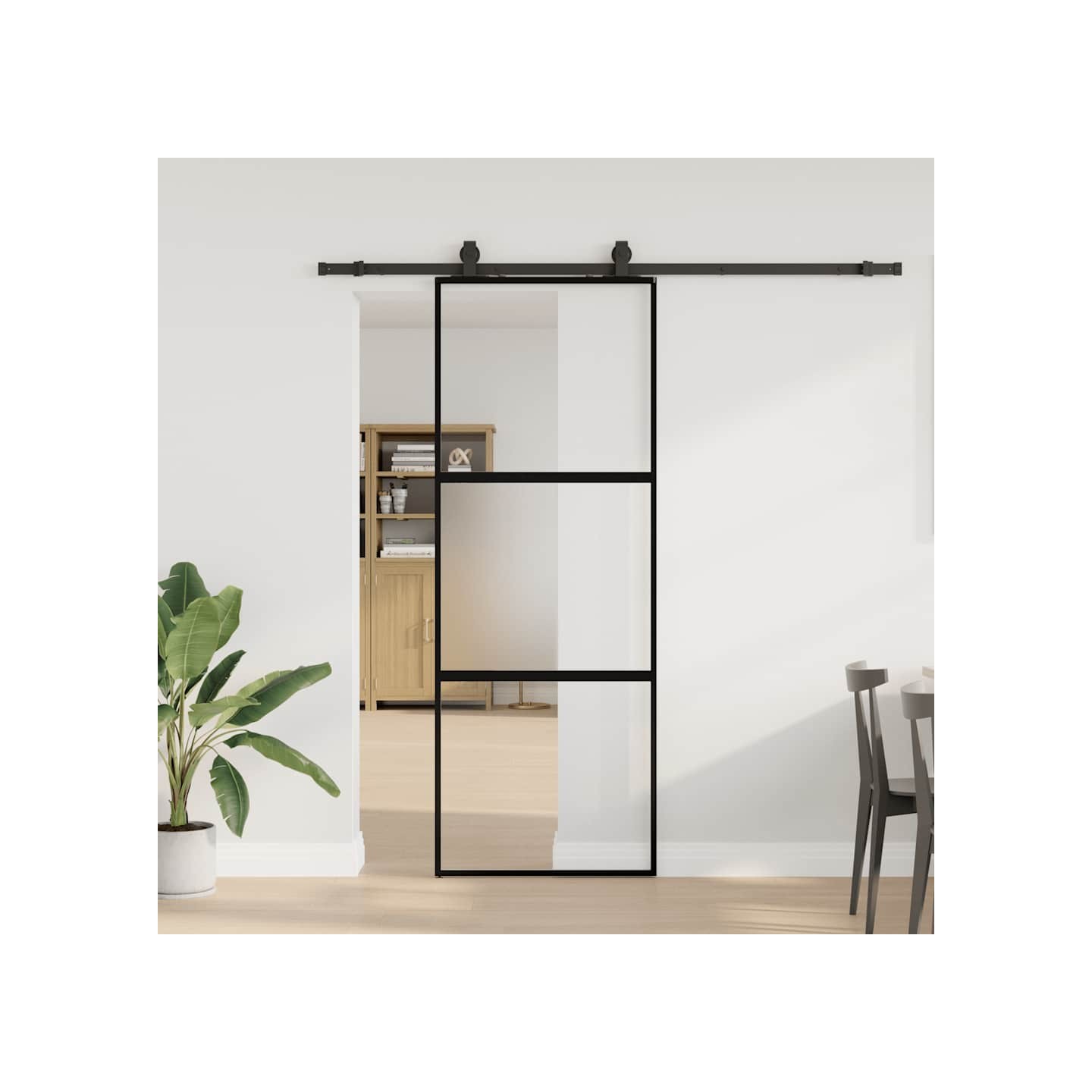Porte coulissante kit quincaillerie noir 76x205 cm verre trempé