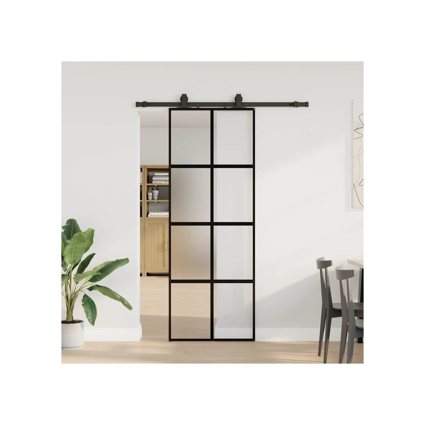 Porte coulissante kit quincaillerie noir 76x205 cm verre trempé