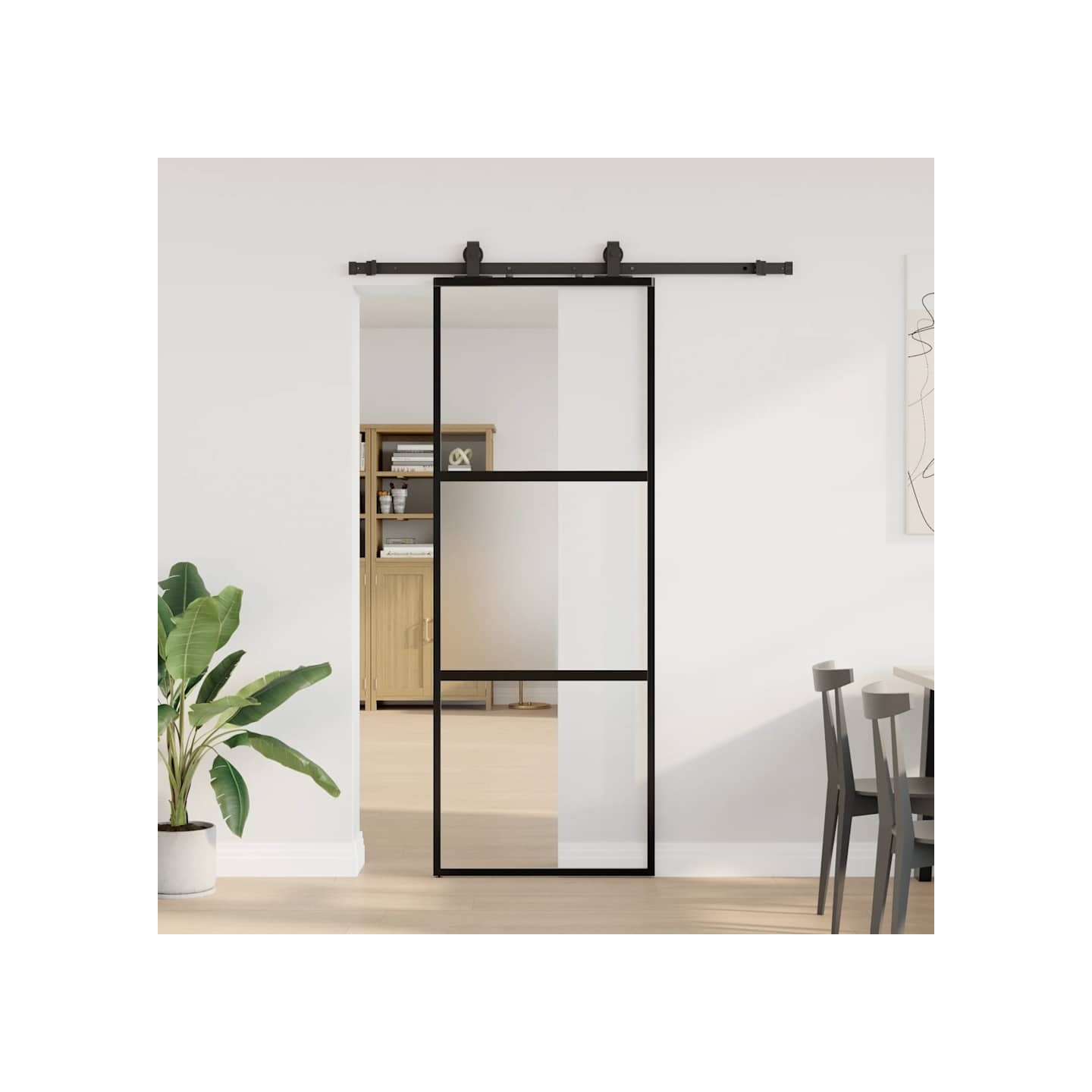 Porte coulissante kit quincaillerie noir 76x205 cm verre trempé