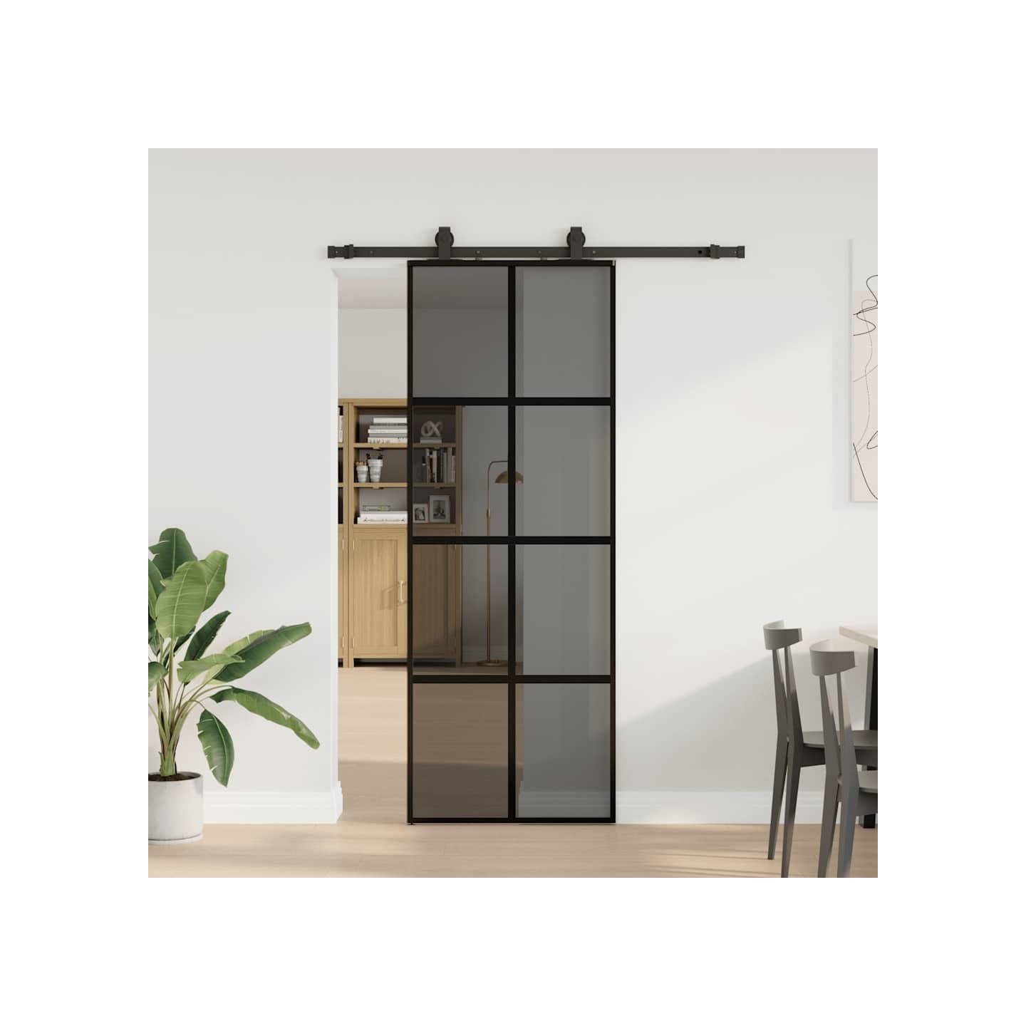 Porte coulissante kit quincaillerie noir 76x205 cm verre trempé