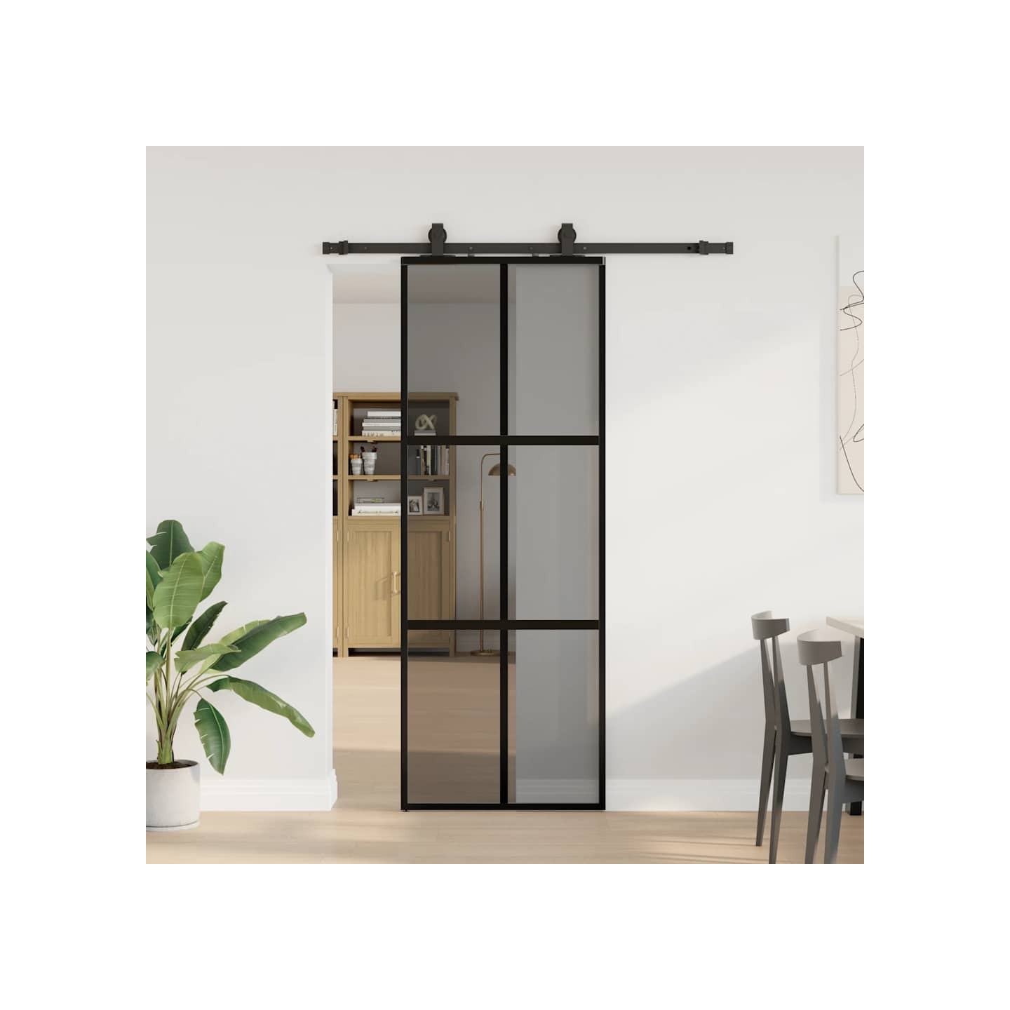 Porte coulissante kit quincaillerie noir 76x205 cm verre trempé
