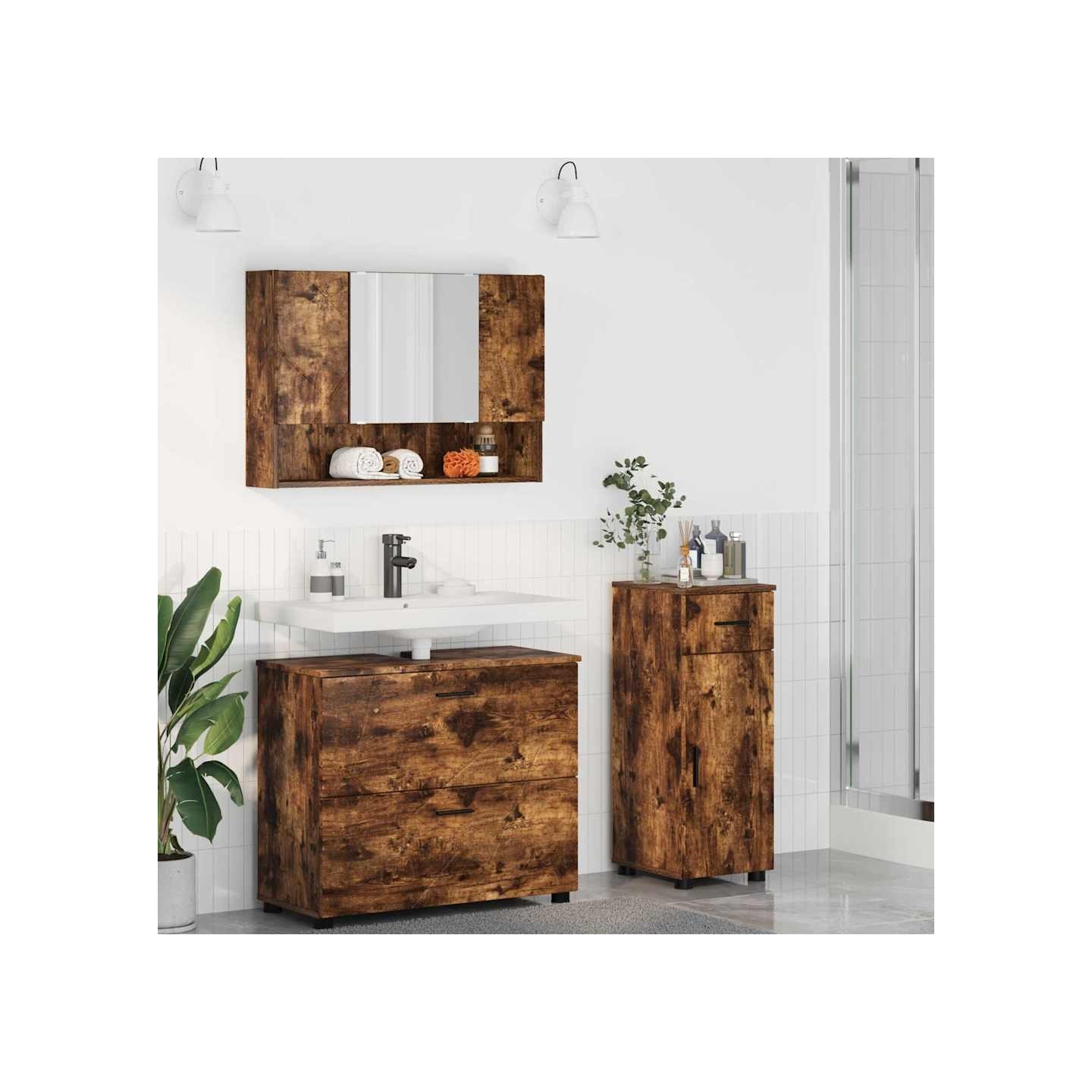 Ensemble de mobilier de salle de bain 3 pièces Chêne fumé