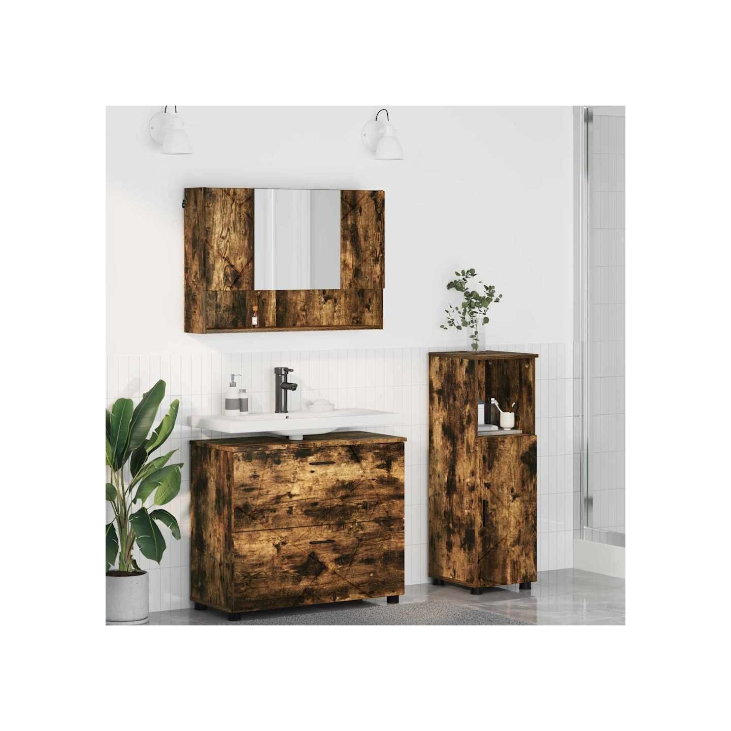 Ensemble de mobilier de salle de bain 3 pièces Chêne fumé